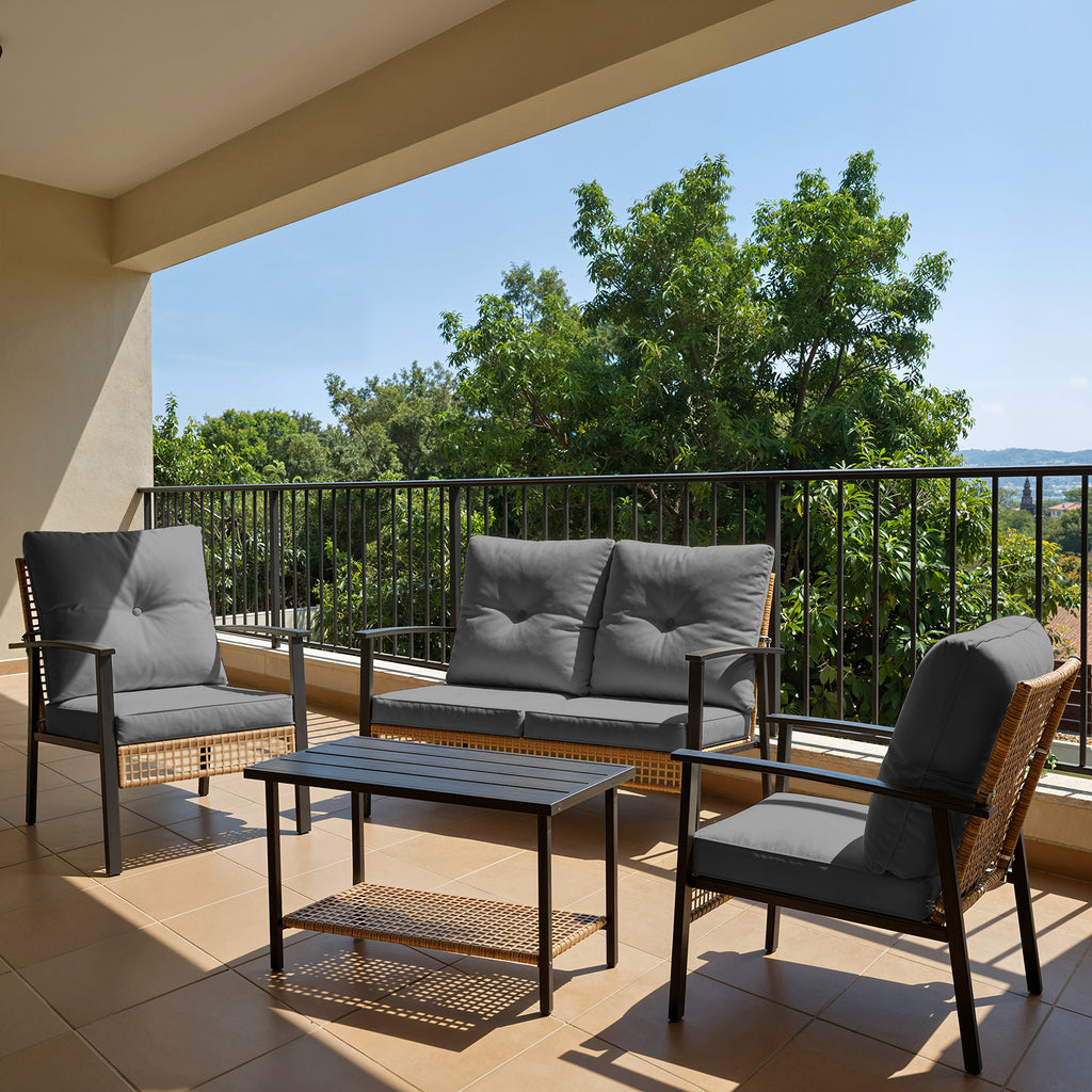 4 Piece Outdoor Patio Furniture Set, All-Weather Modern PE Wicker Rattan Conversation Set with 4" Cushions for Comfortable, Easy to Assemble, Cream White