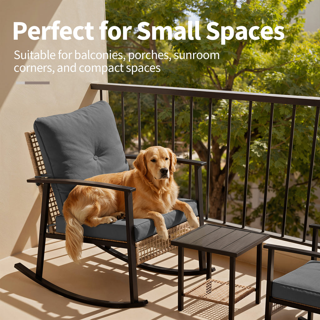 Outdoor Rocking Chairs Set of 2, All-Weather Modern Wicker Front Porch Furniture with 4" Cushions, Metal-Frame Patio Rocking Chairs for Bistro Balcony Porch Sunroom Deck and Yard, Dark Grey