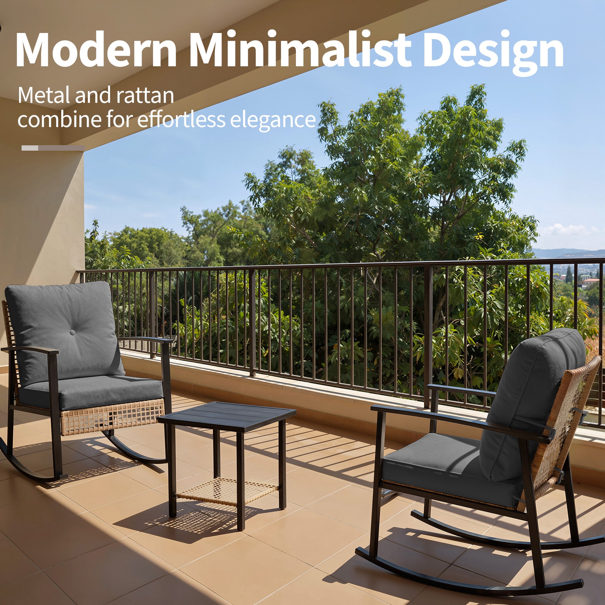 Outdoor Rocking Chairs Set of 2, All-Weather Modern Wicker Front Porch Furniture with 4" Cushions, Metal-Frame Patio Rocking Chairs for Bistro Balcony Porch Sunroom Deck and Yard, Dark Grey