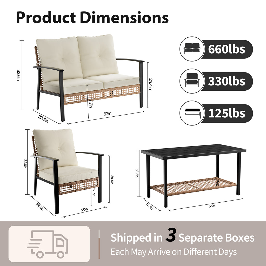 4 Piece Outdoor Patio Furniture Set, All-Weather Modern PE Wicker Rattan Conversation Set with 4" Cushions for Comfortable, Easy to Assemble, Cream White