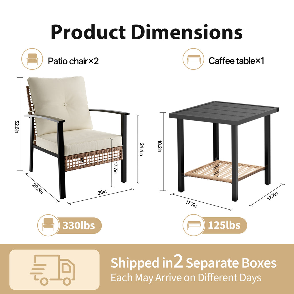 3 Piece Outdoor Patio Furniture Set, All-Weather Modern PE Wicker Rattan Bistro Set with 4" Cushions, Patio Chairs Set of 2, Easy to Assemble, Cream White