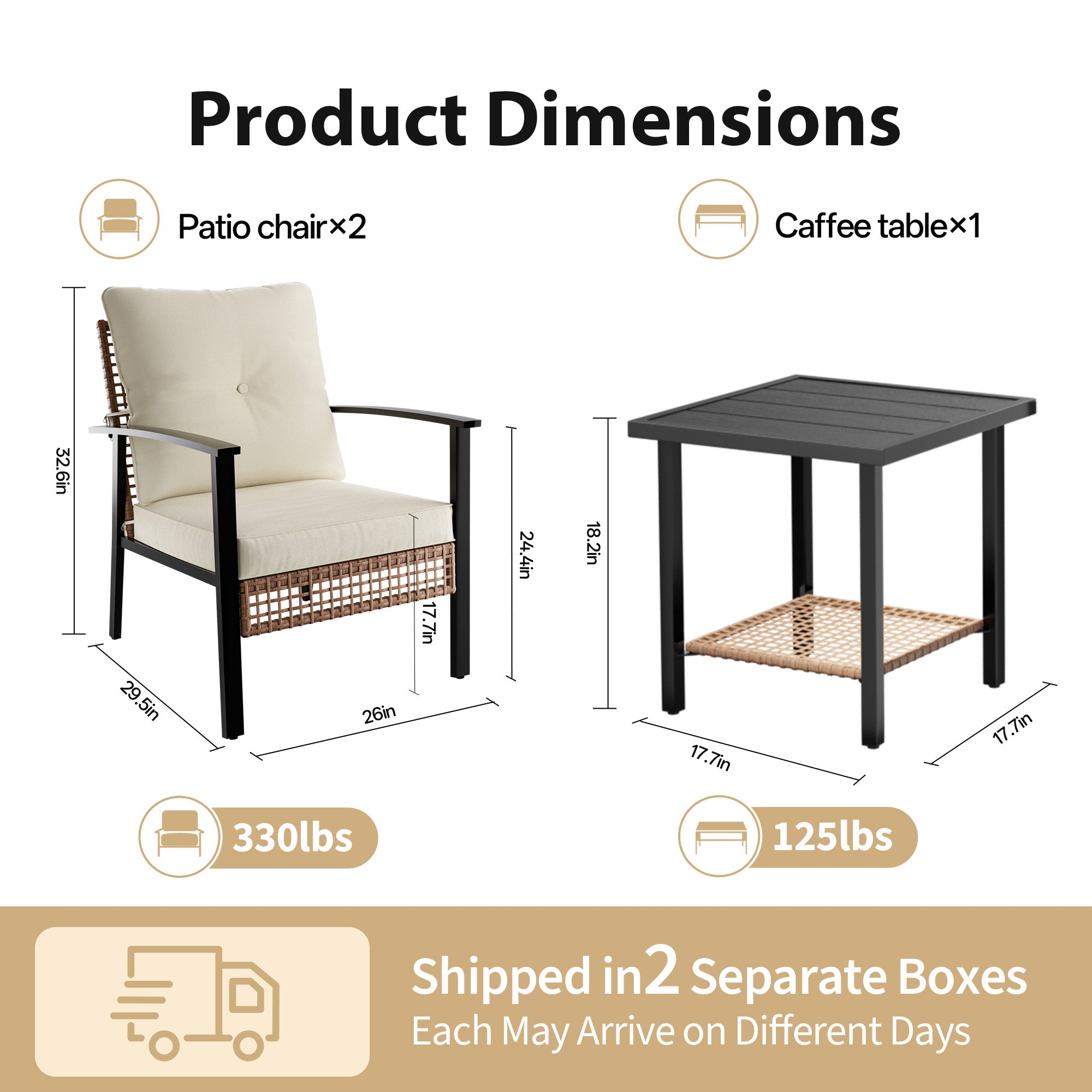 3 Piece Outdoor Patio Furniture Set, All-Weather Modern PE Wicker Rattan Bistro Set with 4" Cushions, Patio Chairs Set of 2, Easy to Assemble, Cream White