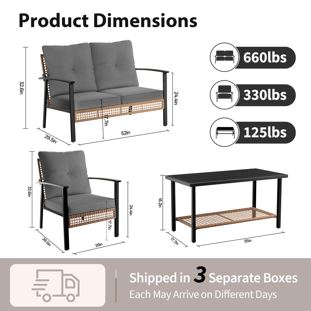 4 Piece Outdoor Patio Furniture Set, All-Weather Modern PE Wicker Rattan Conversation Set with 4" Cushions for Comfortable, Easy to Assemble, Cream White