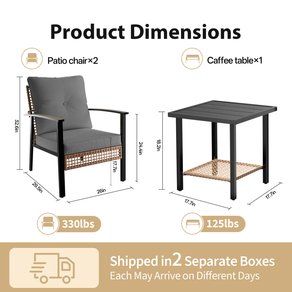 3 Piece Outdoor Patio Furniture Set, All-Weather Modern PE Wicker Rattan Bistro Set with 4" Cushions, Patio Chairs Set of 2, Easy to Assemble, Dark Grey