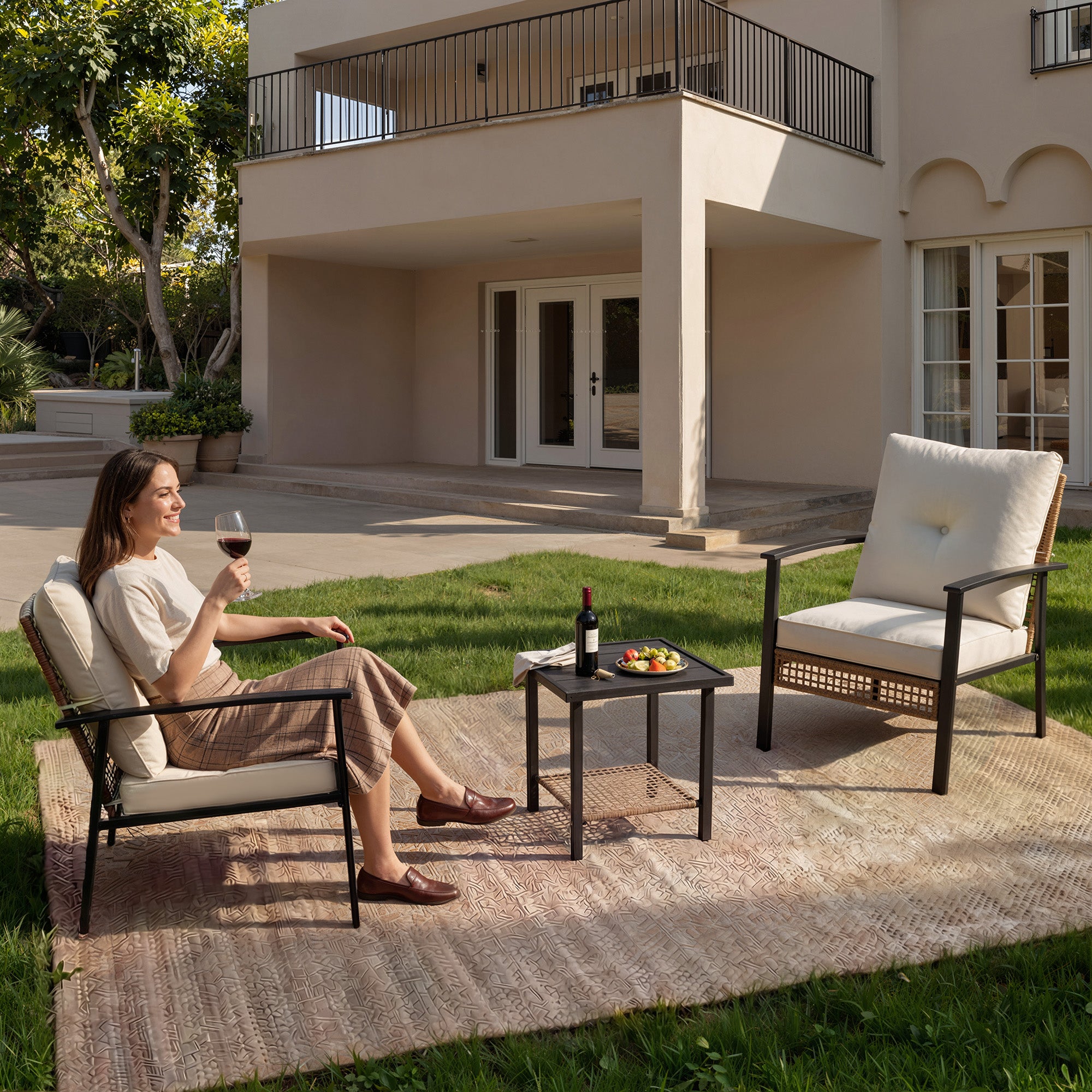 3 Piece Outdoor Patio Furniture Set, All-Weather Modern PE Wicker Rattan Bistro Set with 4" Cushions, Patio Chairs Set of 2, Easy to Assemble, Cream White