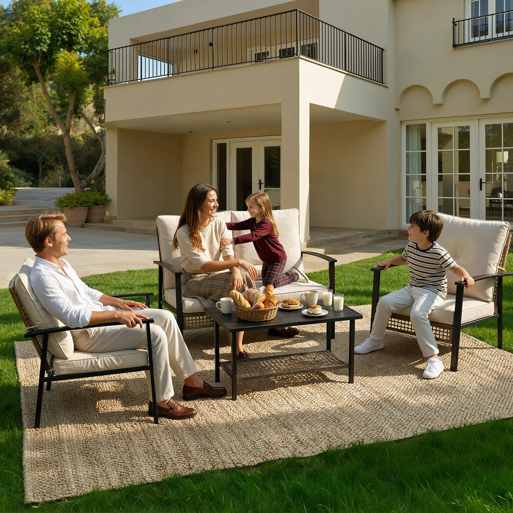 4 Piece Outdoor Patio Furniture Set, All-Weather Modern PE Wicker Rattan Conversation Set with 4" Cushions for Comfortable, Easy to Assemble, Cream White