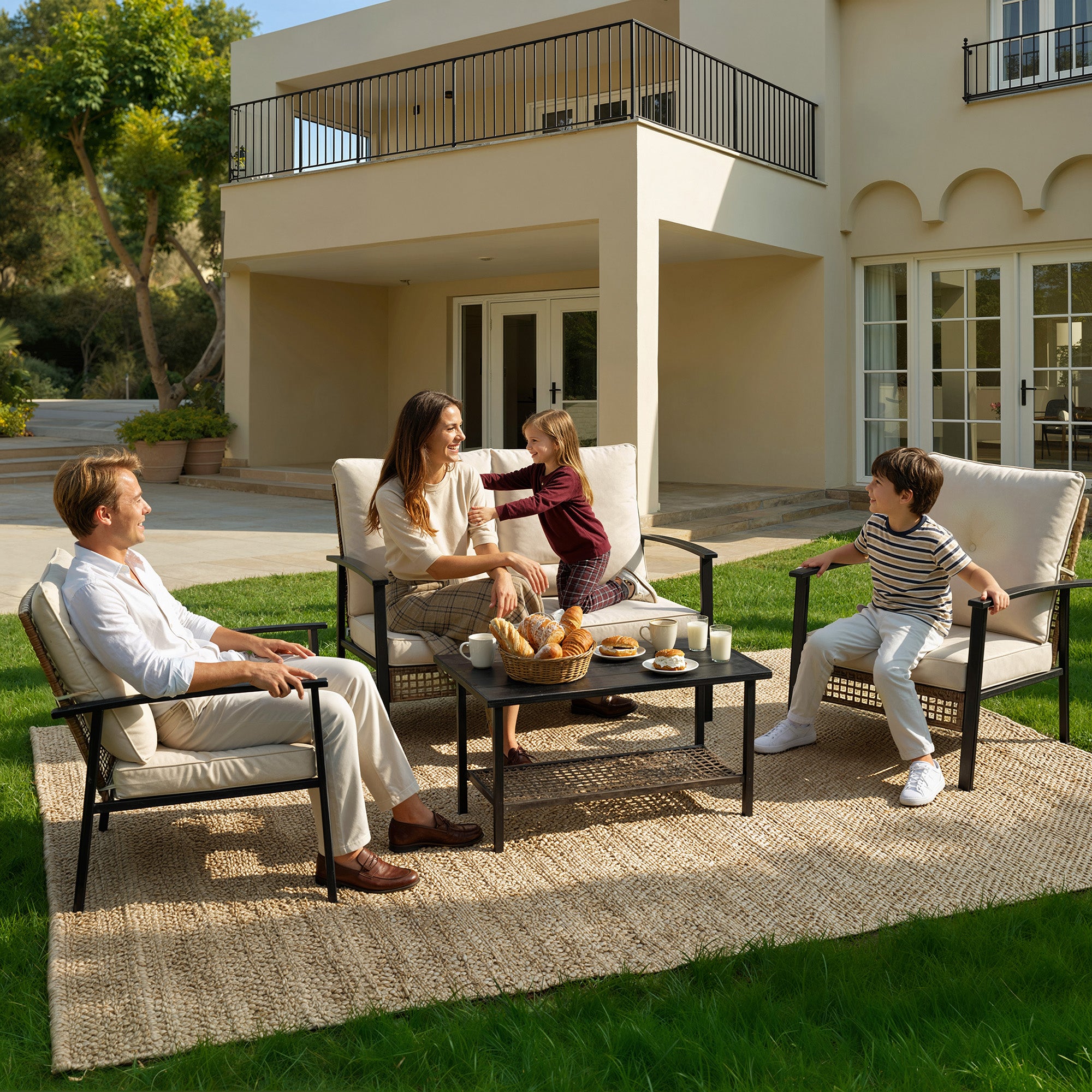 4 Piece Outdoor Patio Furniture Set, All-Weather Modern PE Wicker Rattan Conversation Set with 4" Cushions for Comfortable, Easy to Assemble, Cream White