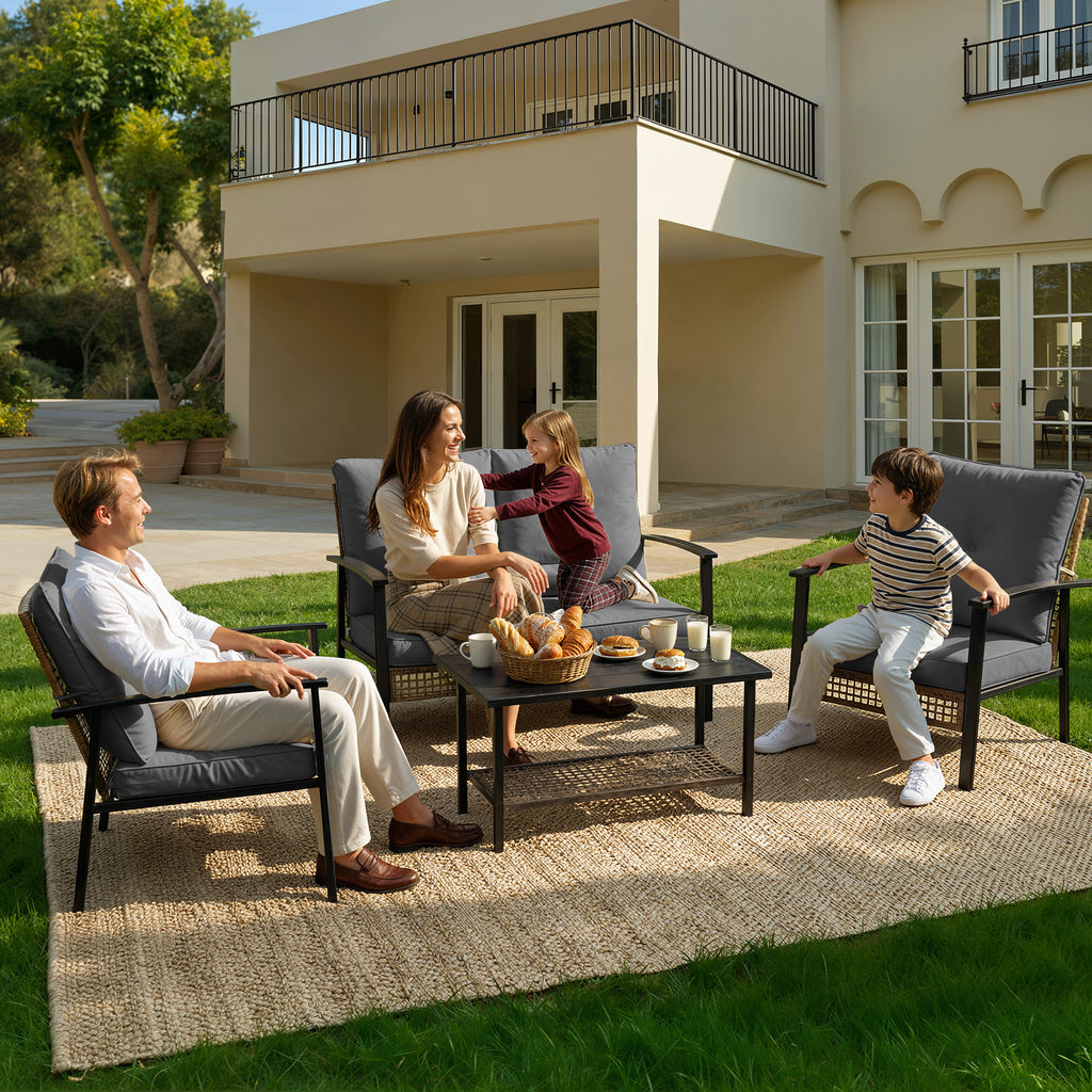 4 Piece Outdoor Patio Furniture Set, All-Weather Modern PE Wicker Rattan Conversation Set with 4" Cushions for Comfortable, Easy to Assemble, Cream White