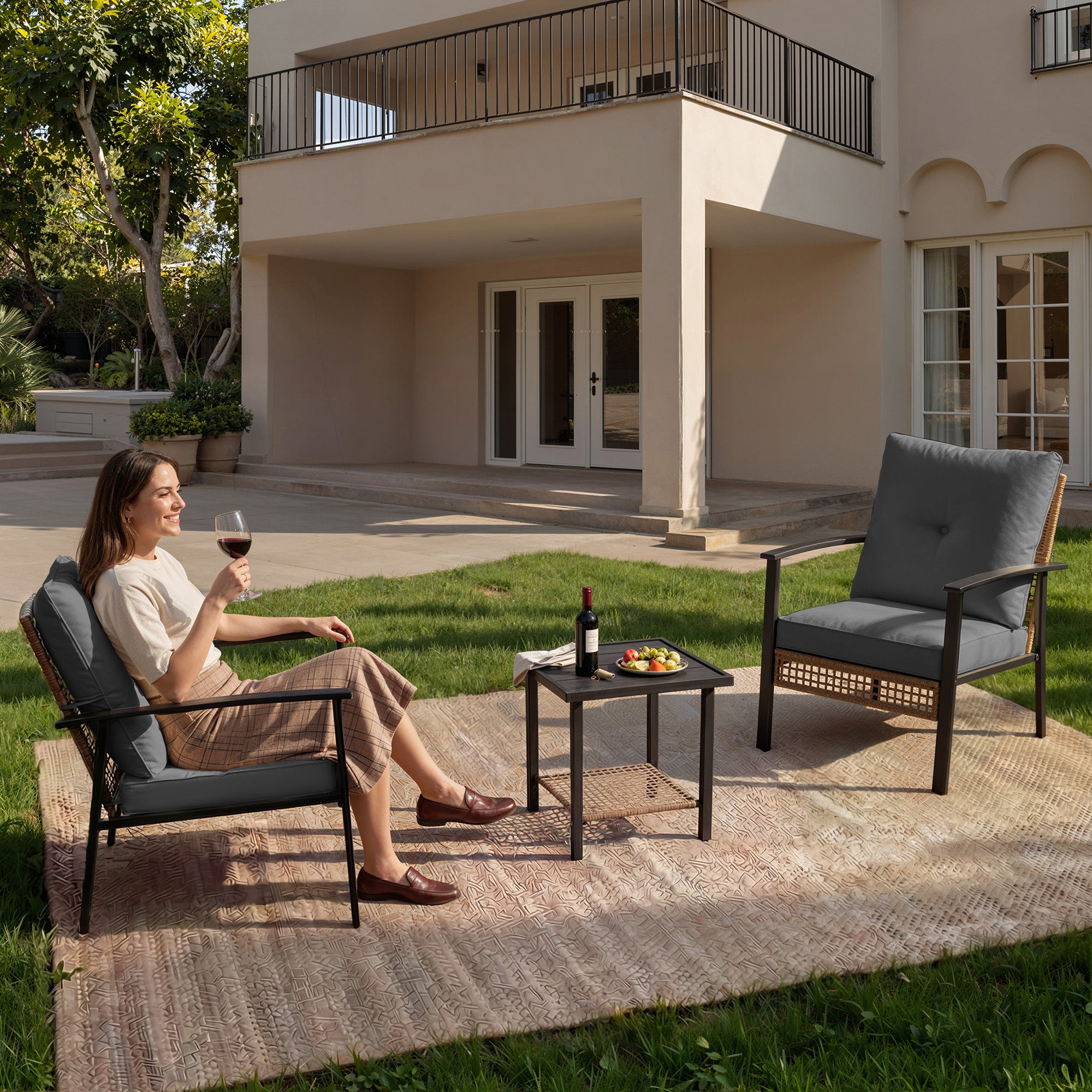 3 Piece Outdoor Patio Furniture Set, All-Weather Modern PE Wicker Rattan Bistro Set with 4" Cushions, Patio Chairs Set of 2, Easy to Assemble, Dark Grey