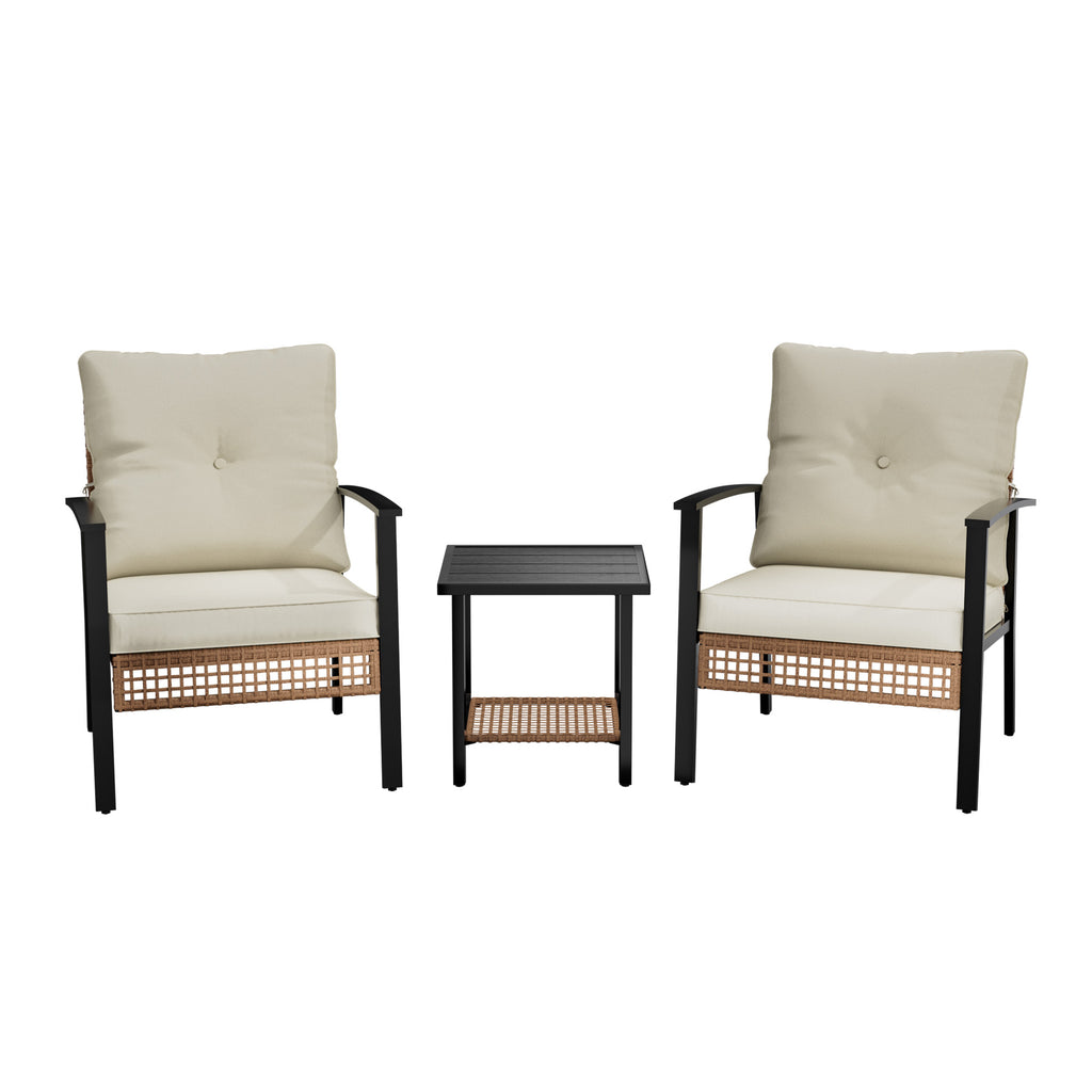 3 Piece Outdoor Patio Furniture Set, All-Weather Modern PE Wicker Rattan Bistro Set with 4" Cushions, Patio Chairs Set of 2, Easy to Assemble, Cream White