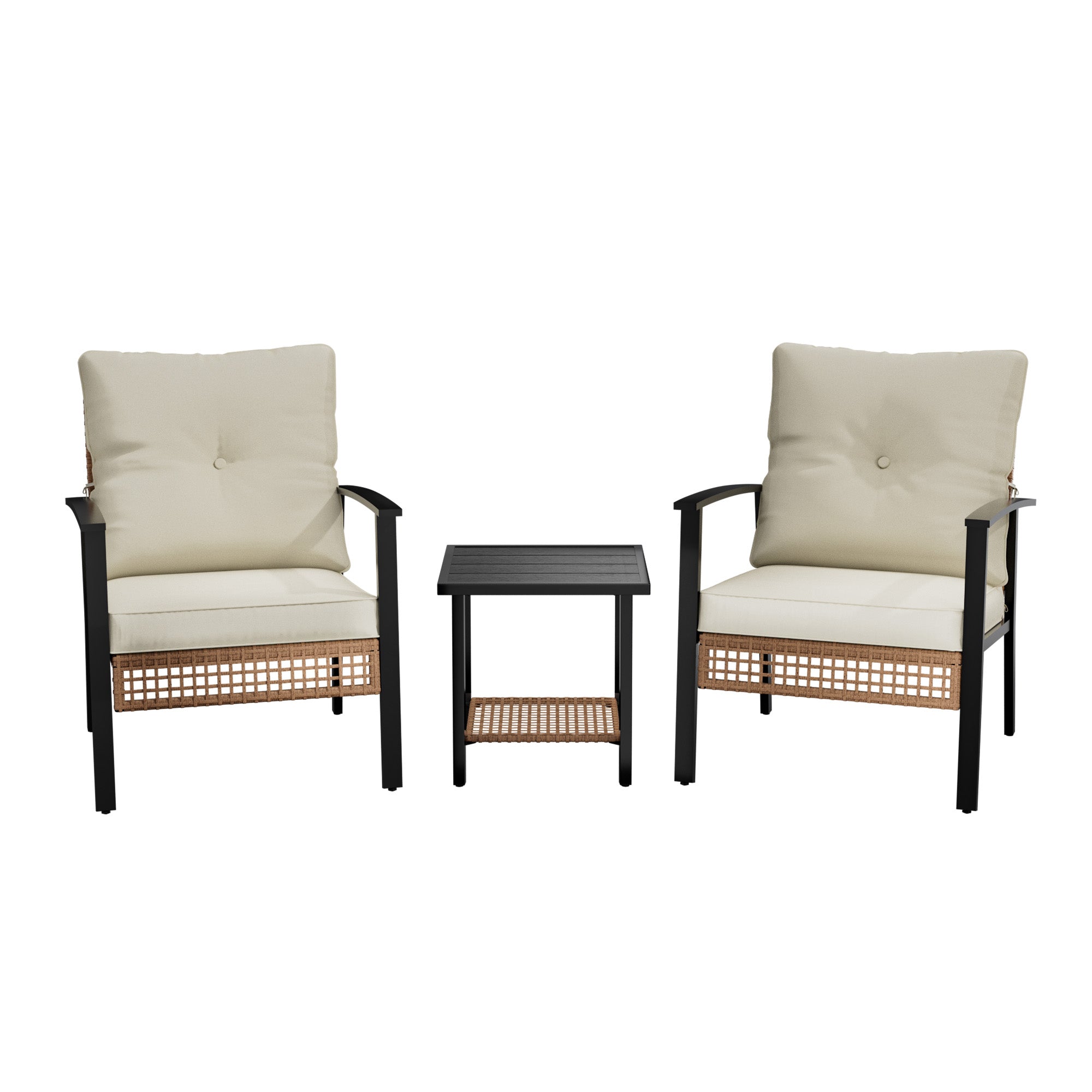 3 Piece Outdoor Patio Furniture Set, All-Weather Modern PE Wicker Rattan Bistro Set with 4" Cushions, Patio Chairs Set of 2, Easy to Assemble, Cream White