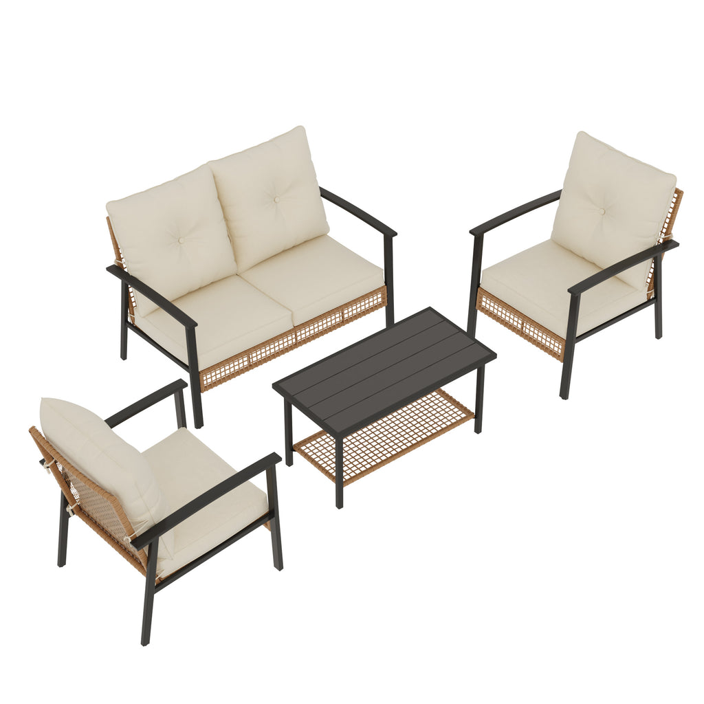 4 Piece Outdoor Patio Furniture Set, All-Weather Modern PE Wicker Rattan Conversation Set with 4" Cushions for Comfortable, Easy to Assemble, Cream White