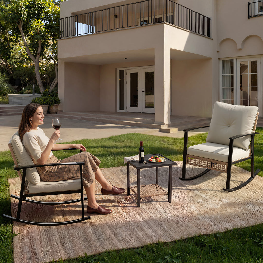 Outdoor Rocking Chairs Set of 2, All-Weather Modern Wicker Front Porch Furniture with 4" Cushions, Metal-Frame Patio Rocking Chairs for Bistro Balcony Porch Sunroom Deck and Yard, Cream White