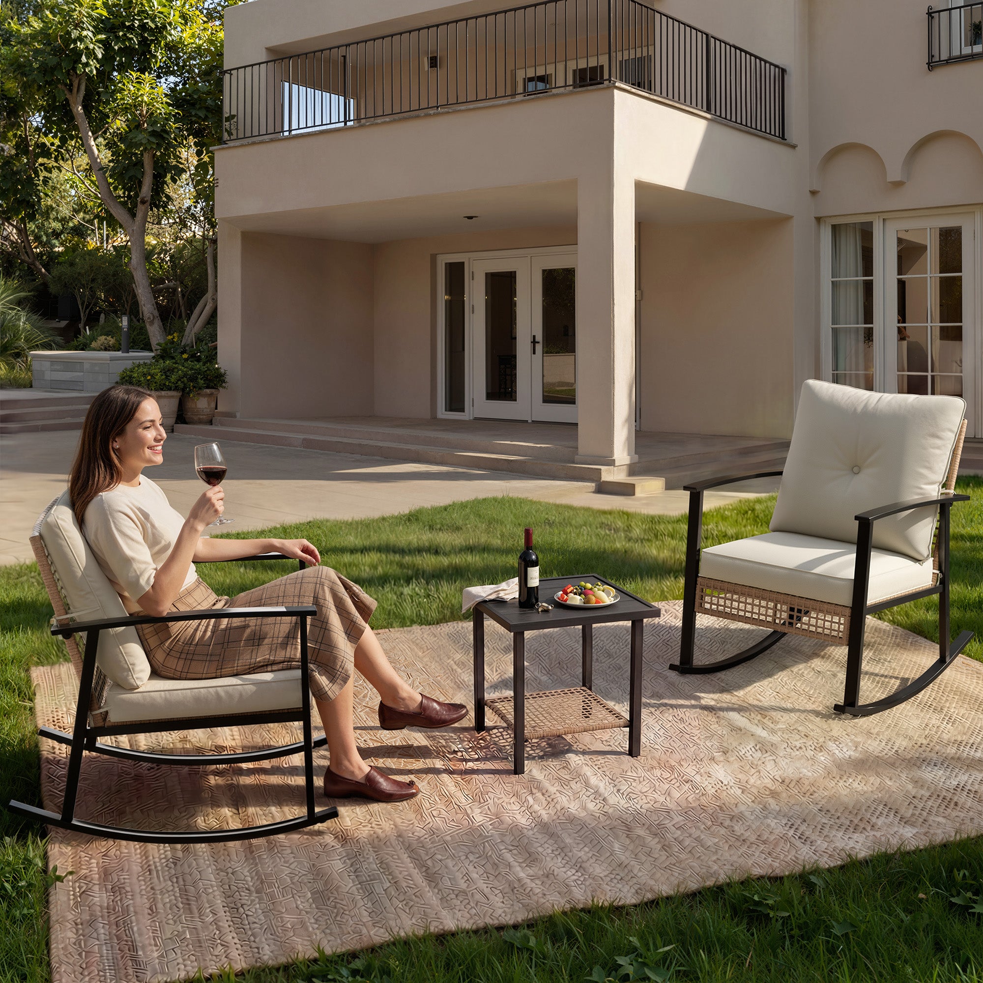 Outdoor Rocking Chairs Set of 2, All-Weather Modern Wicker Front Porch Furniture with 4" Cushions, Metal-Frame Patio Rocking Chairs for Bistro Balcony Porch Sunroom Deck and Yard, Cream White