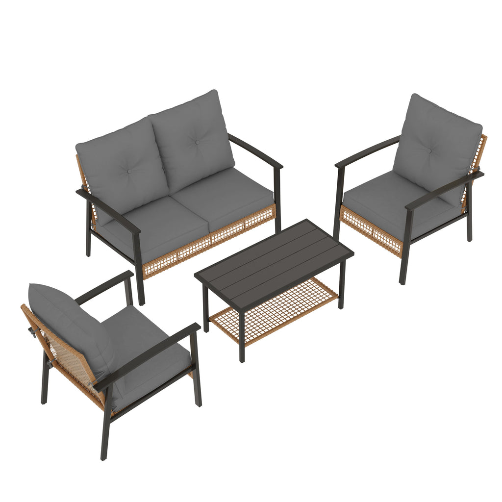 4 Piece Outdoor Patio Furniture Set, All-Weather Modern PE Wicker Rattan Conversation Set with 4" Cushions for Comfortable, Easy to Assemble, Cream White