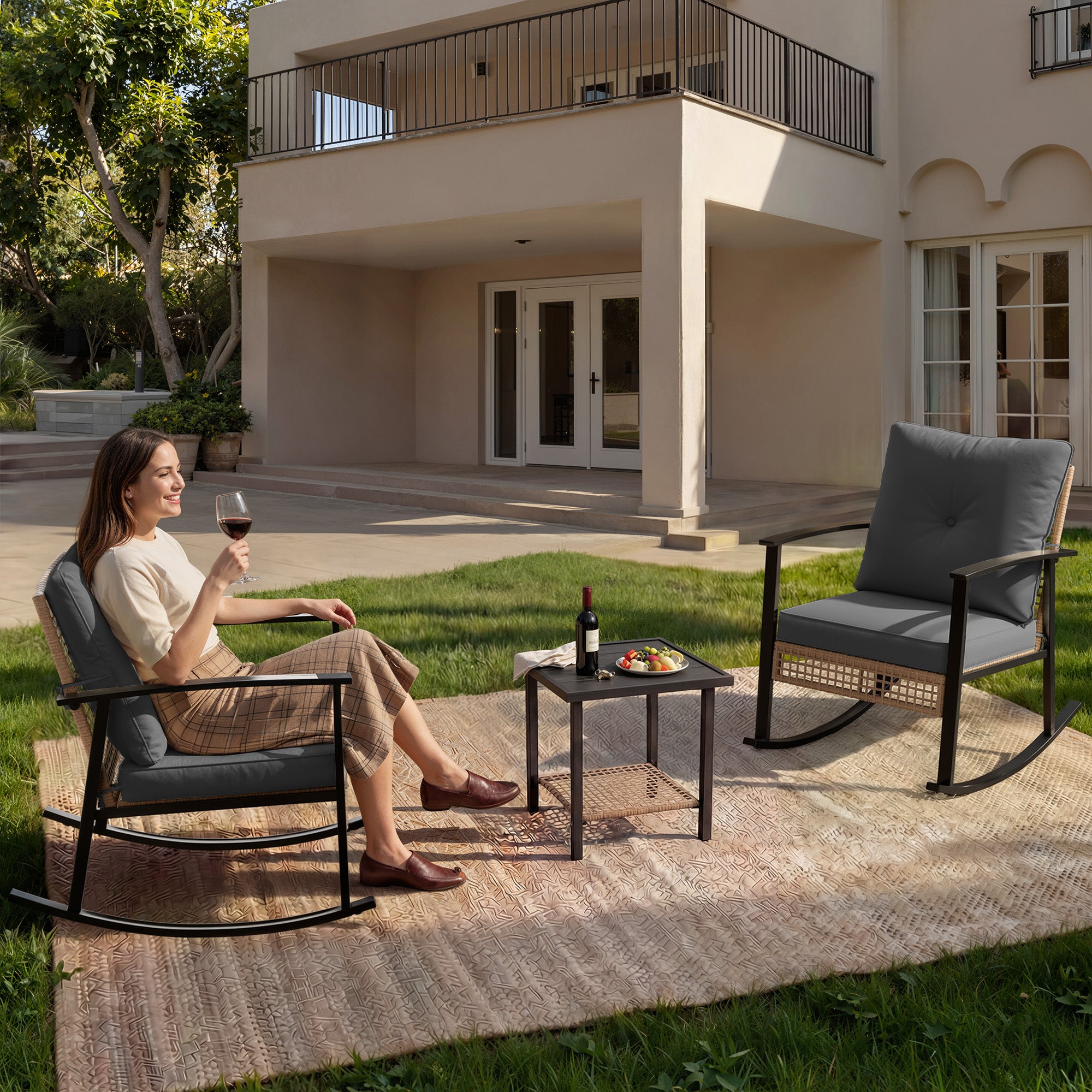 Outdoor Rocking Chairs Set of 2, All-Weather Modern Wicker Front Porch Furniture with 4" Cushions, Metal-Frame Patio Rocking Chairs for Bistro Balcony Porch Sunroom Deck and Yard, Dark Grey