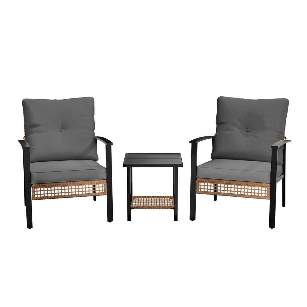 3 Piece Outdoor Patio Furniture Set, All-Weather Modern PE Wicker Rattan Bistro Set with 4" Cushions, Patio Chairs Set of 2, Easy to Assemble, Dark Grey