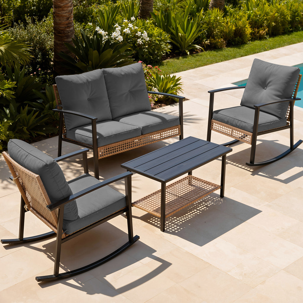 4 Piece Outdoor Patio Furniture Set, All-Weather Modern PE Wicker Rattan Conversation Set with 4" Cushions for Comfortable, Easy to Assemble, Dark Grey