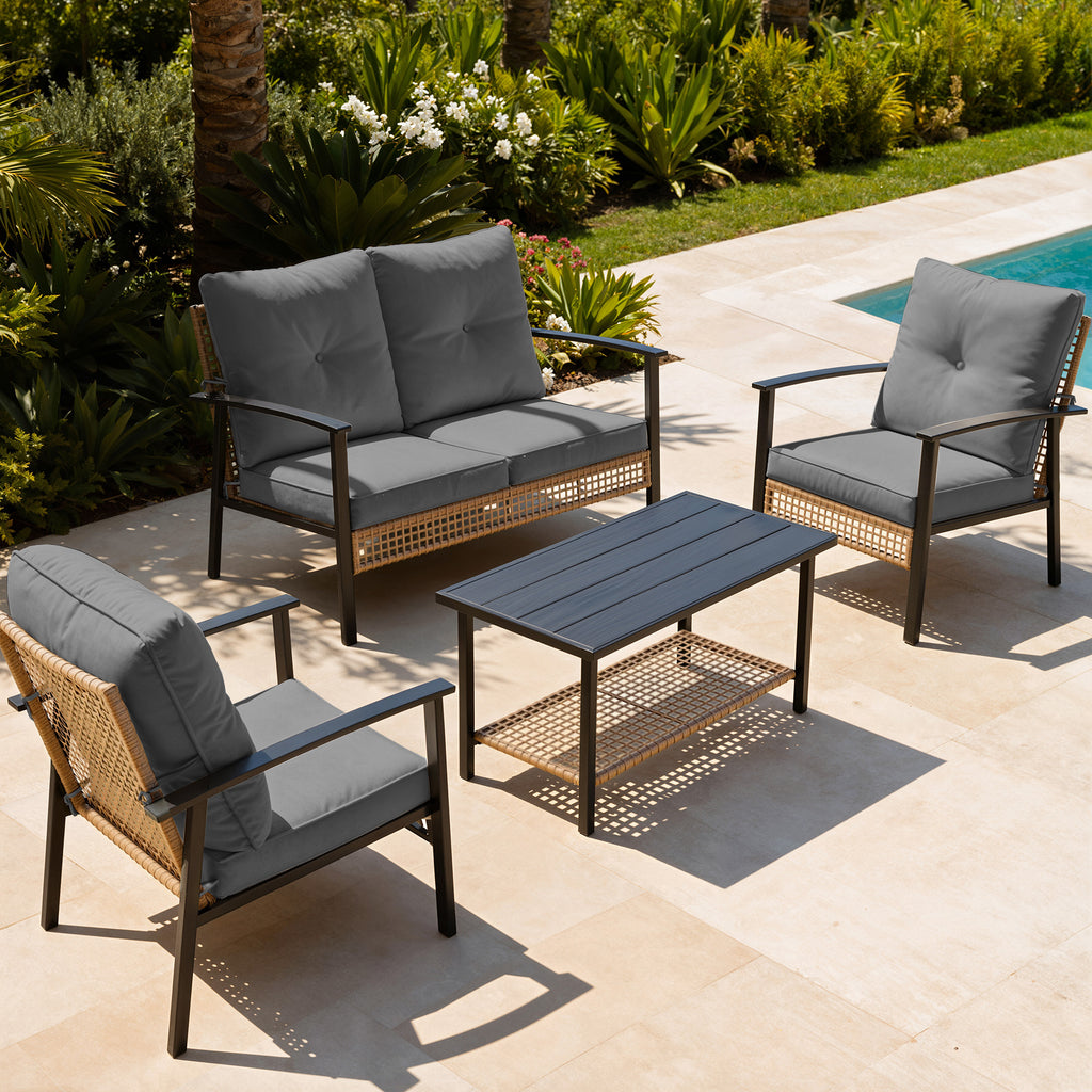 4 Piece Outdoor Patio Furniture Set, All-Weather Modern PE Wicker Rattan Conversation Set with 4" Cushions for Comfortable, Easy to Assemble, Cream White