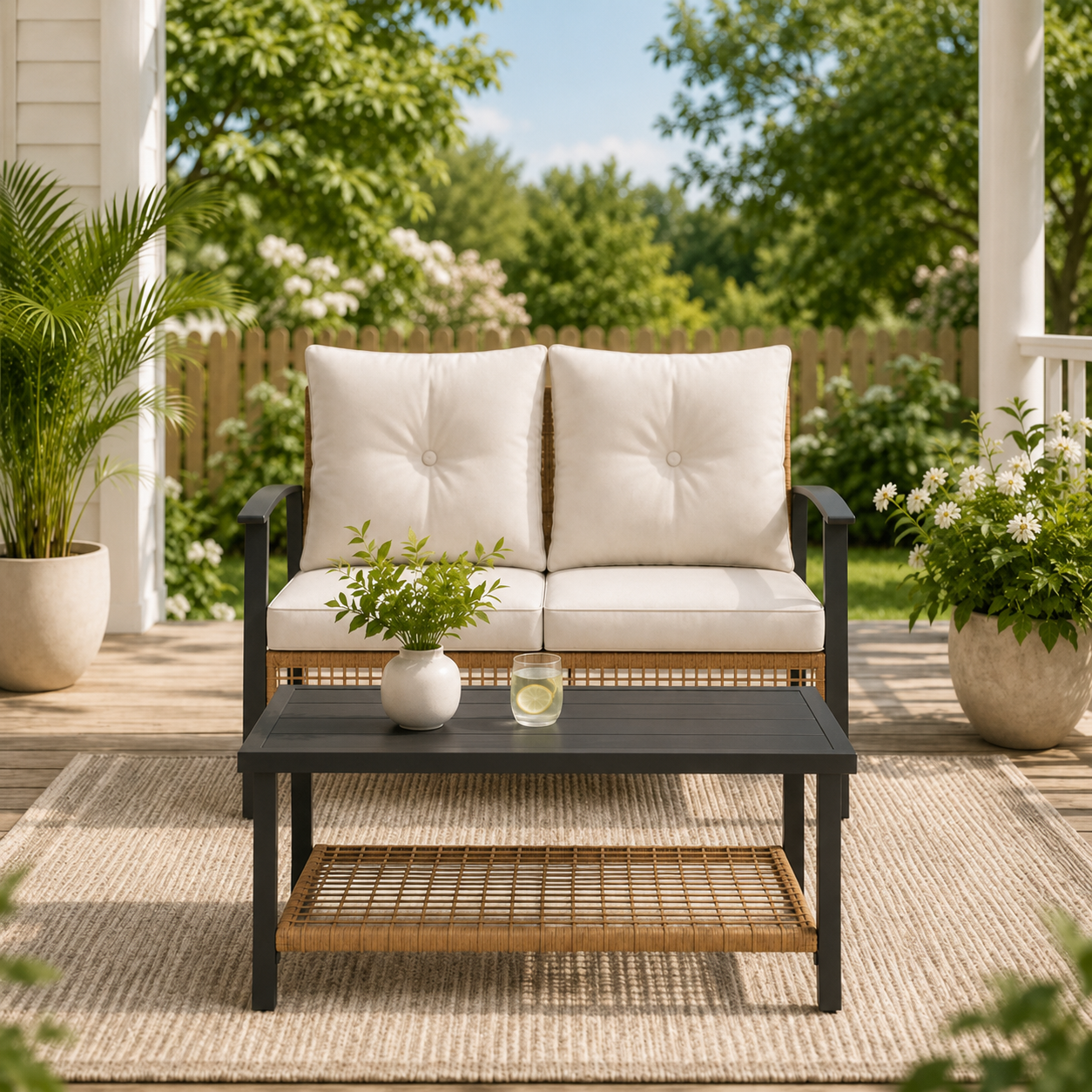Deersky 2-Piece Patio Furniture Set, Outdoor Loveseat and Coffee Table with All-Weather PE Rattan Wicker, Metal Frame and Soft Cushions for Porch, Deck, Garden and Backyard