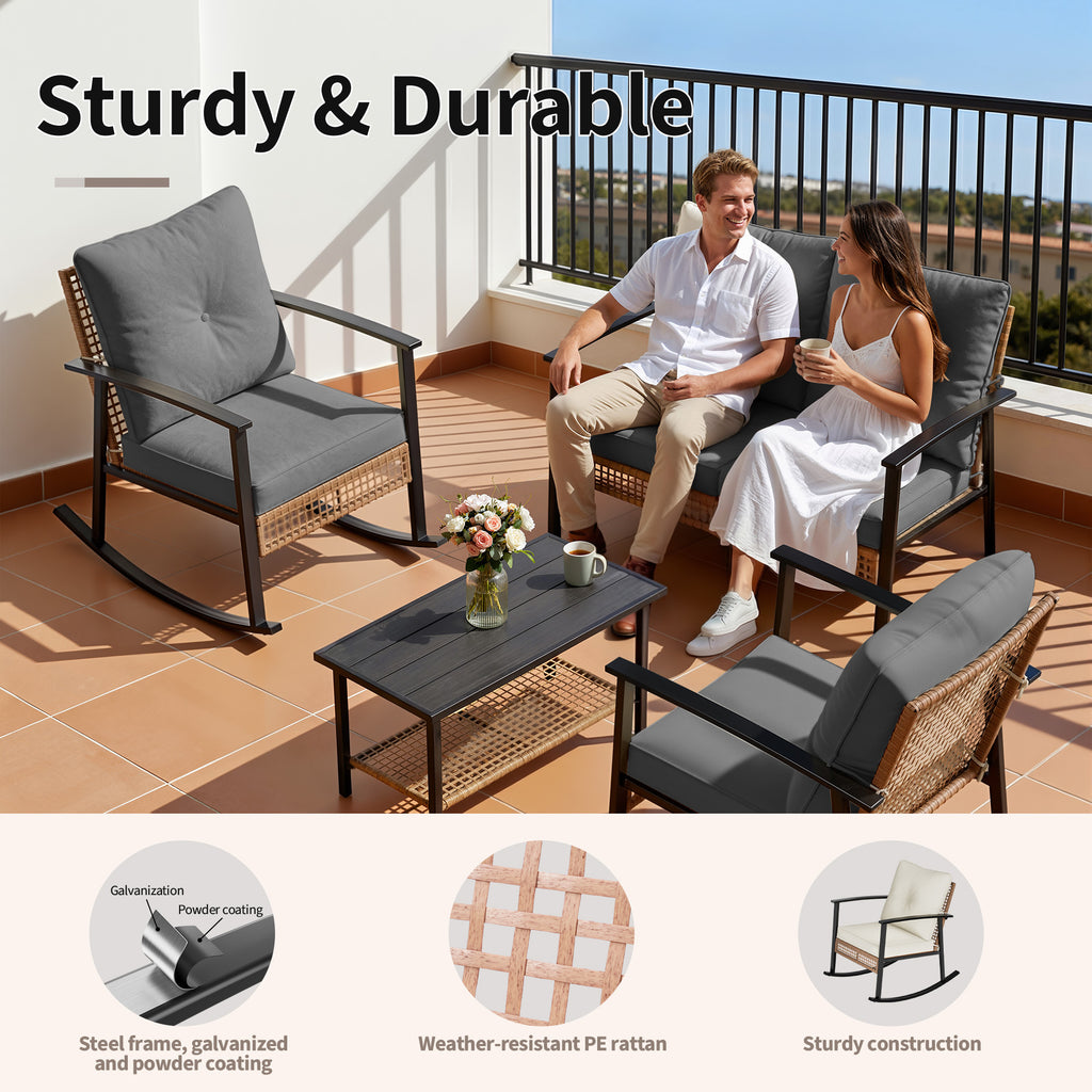 4 Piece Outdoor Patio Furniture Set, All-Weather Modern PE Wicker Rattan Conversation Set with 4" Cushions for Comfortable, Easy to Assemble, Dark Grey