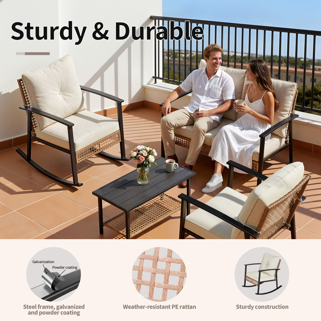4 Piece Outdoor Patio Furniture Set, All-Weather Modern PE Wicker Rattan Conversation Set with 4" Cushions for Comfortable, Easy to Assemble, Cream White