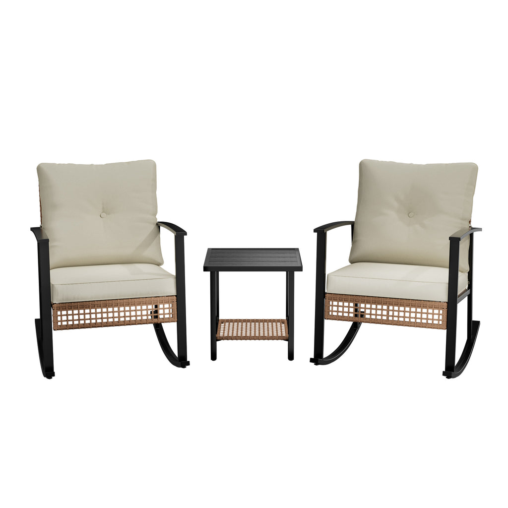Outdoor Rocking Chairs Set of 2, All-Weather Modern Wicker Front Porch Furniture with 4" Cushions, Metal-Frame Patio Rocking Chairs for Bistro Balcony Porch Sunroom Deck and Yard, Cream White