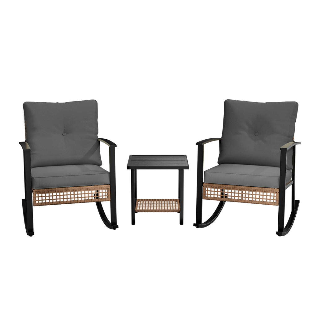 Outdoor Rocking Chairs Set of 2, All-Weather Modern Wicker Front Porch Furniture with 4" Cushions, Metal-Frame Patio Rocking Chairs for Bistro Balcony Porch Sunroom Deck and Yard, Dark Grey
