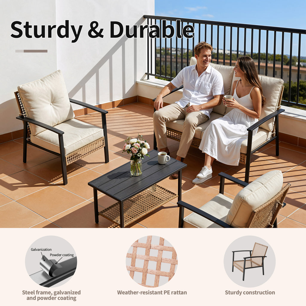 4 Piece Outdoor Patio Furniture Set, All-Weather Modern PE Wicker Rattan Conversation Set with 4" Cushions for Comfortable, Easy to Assemble, Cream White
