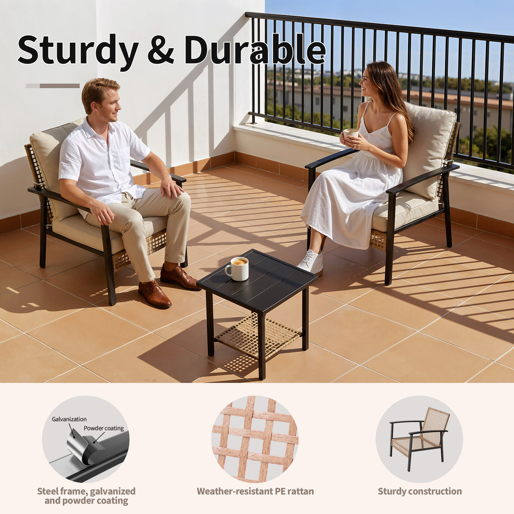3 Piece Outdoor Patio Furniture Set, All-Weather Modern PE Wicker Rattan Bistro Set with 4" Cushions, Patio Chairs Set of 2, Easy to Assemble, Cream White