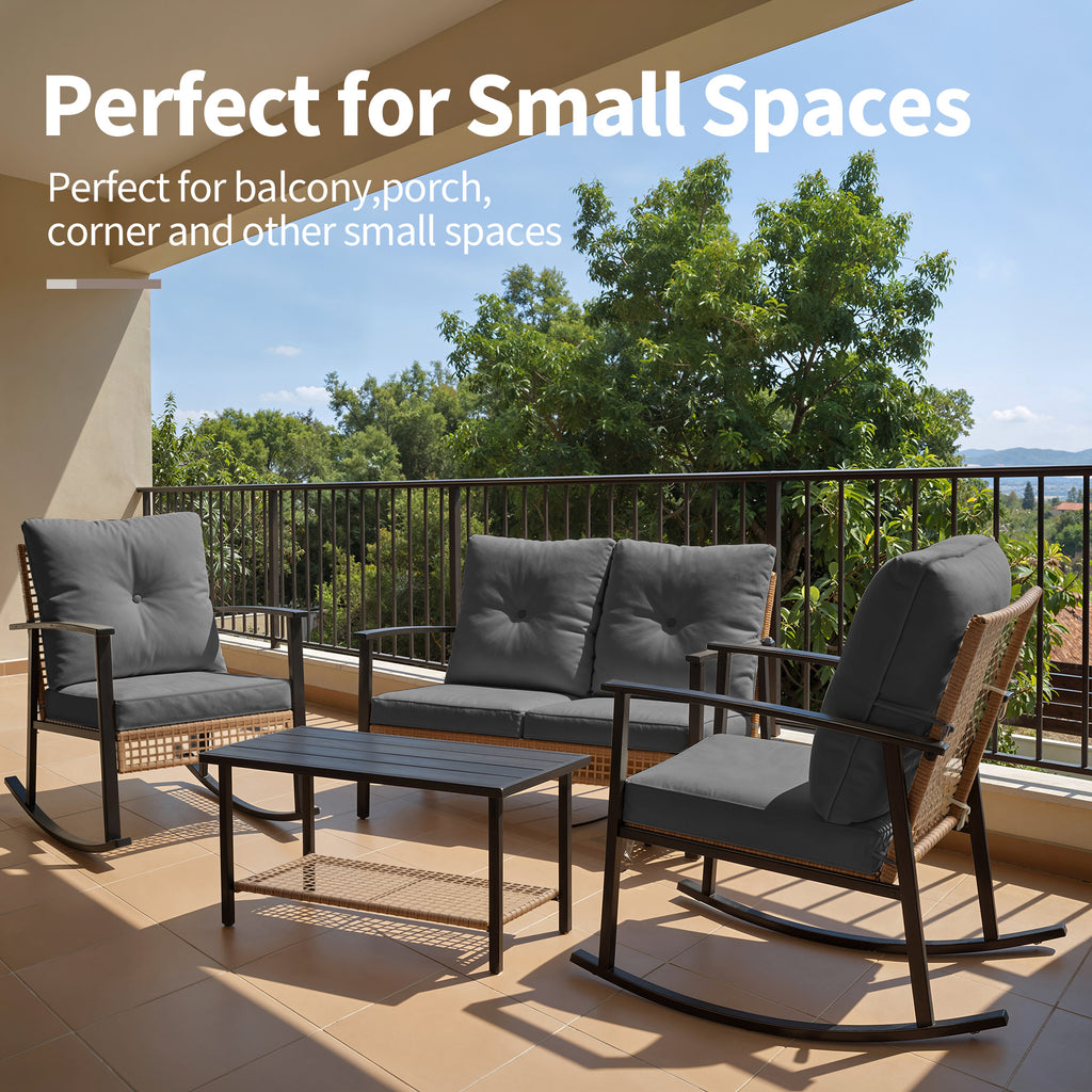4 Piece Outdoor Patio Furniture Set, All-Weather Modern PE Wicker Rattan Conversation Set with 4" Cushions for Comfortable, Easy to Assemble, Dark Grey