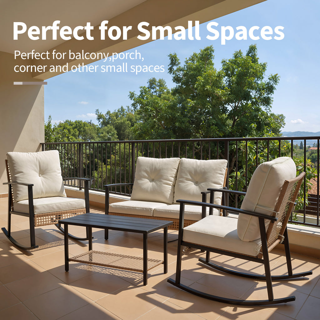 4 Piece Outdoor Patio Furniture Set, All-Weather Modern PE Wicker Rattan Conversation Set with 4" Cushions for Comfortable, Easy to Assemble, Cream White