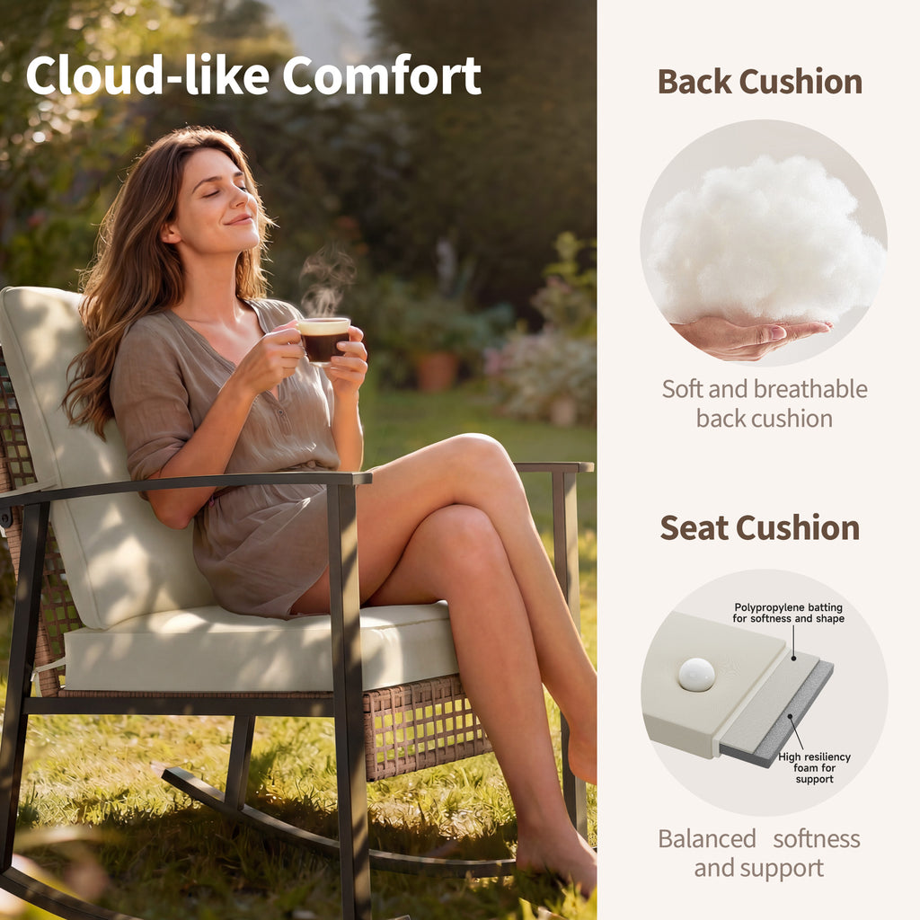 Outdoor Rocking Chairs Set of 2, All-Weather Modern Wicker Front Porch Furniture with 4" Cushions, Metal-Frame Patio Rocking Chairs for Bistro Balcony Porch Sunroom Deck and Yard, Cream White