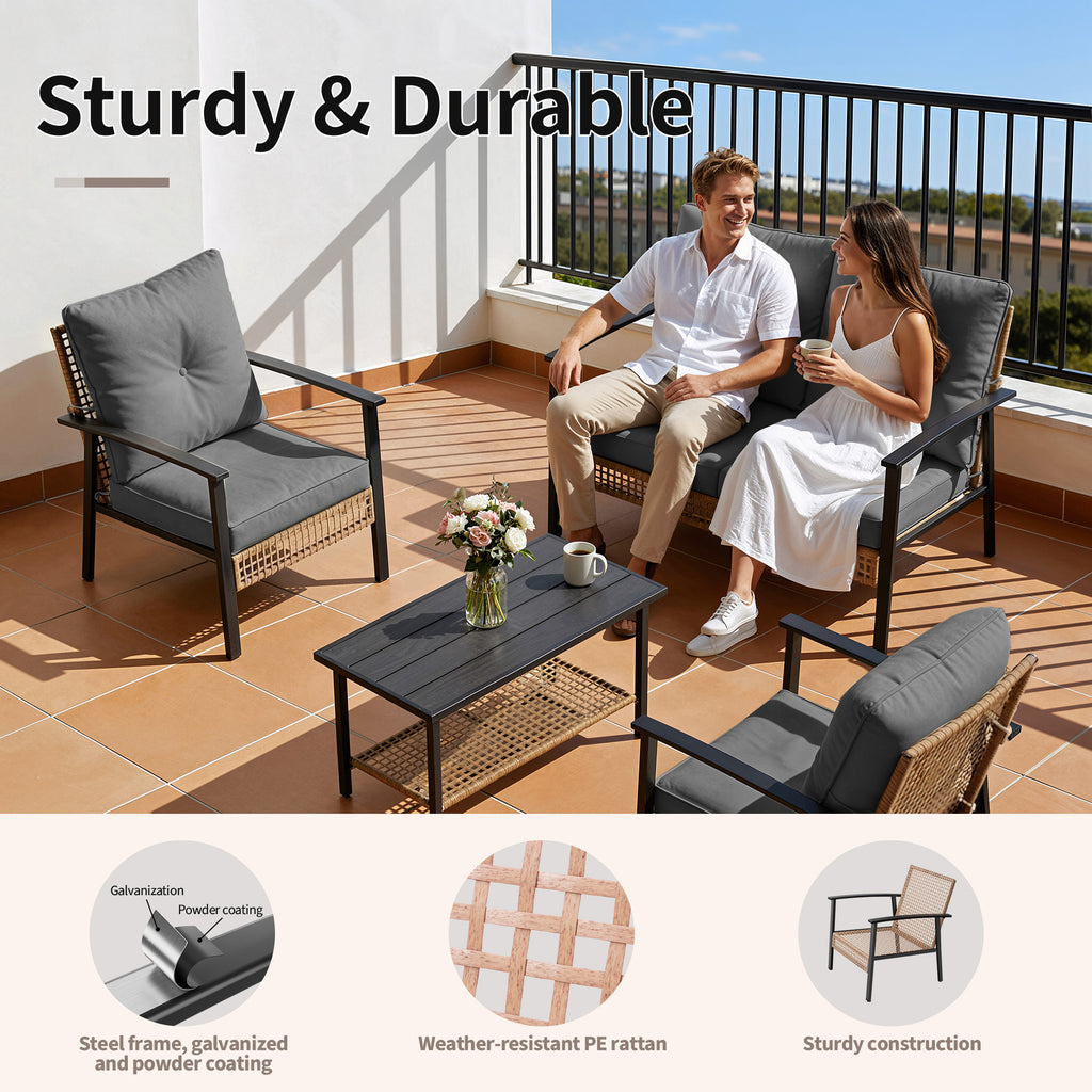 4 Piece Outdoor Patio Furniture Set, All-Weather Modern PE Wicker Rattan Conversation Set with 4" Cushions for Comfortable, Easy to Assemble, Cream White