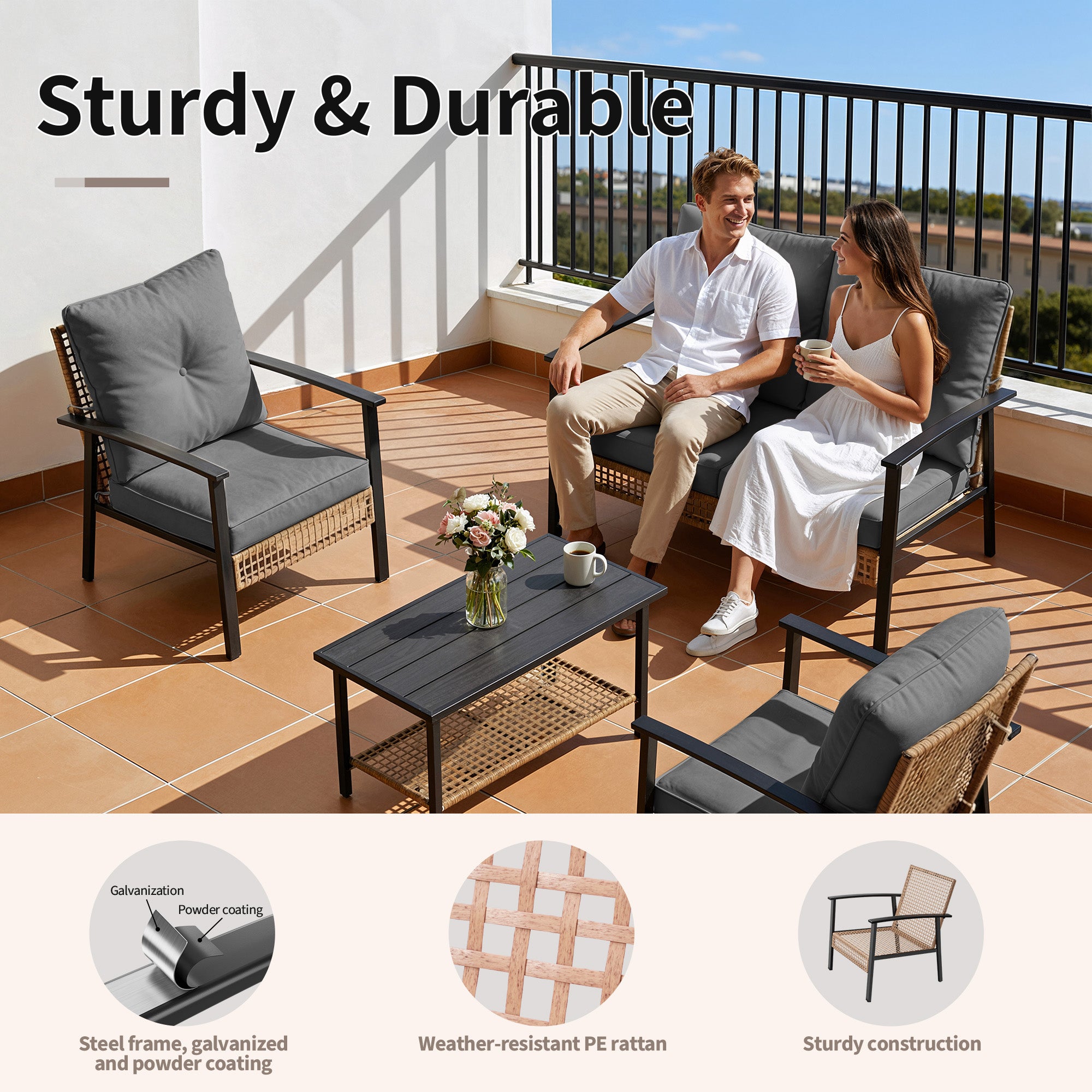 4 Piece Outdoor Patio Furniture Set, All-Weather Modern PE Wicker Rattan Conversation Set with 4" Cushions for Comfortable, Easy to Assemble, Cream White