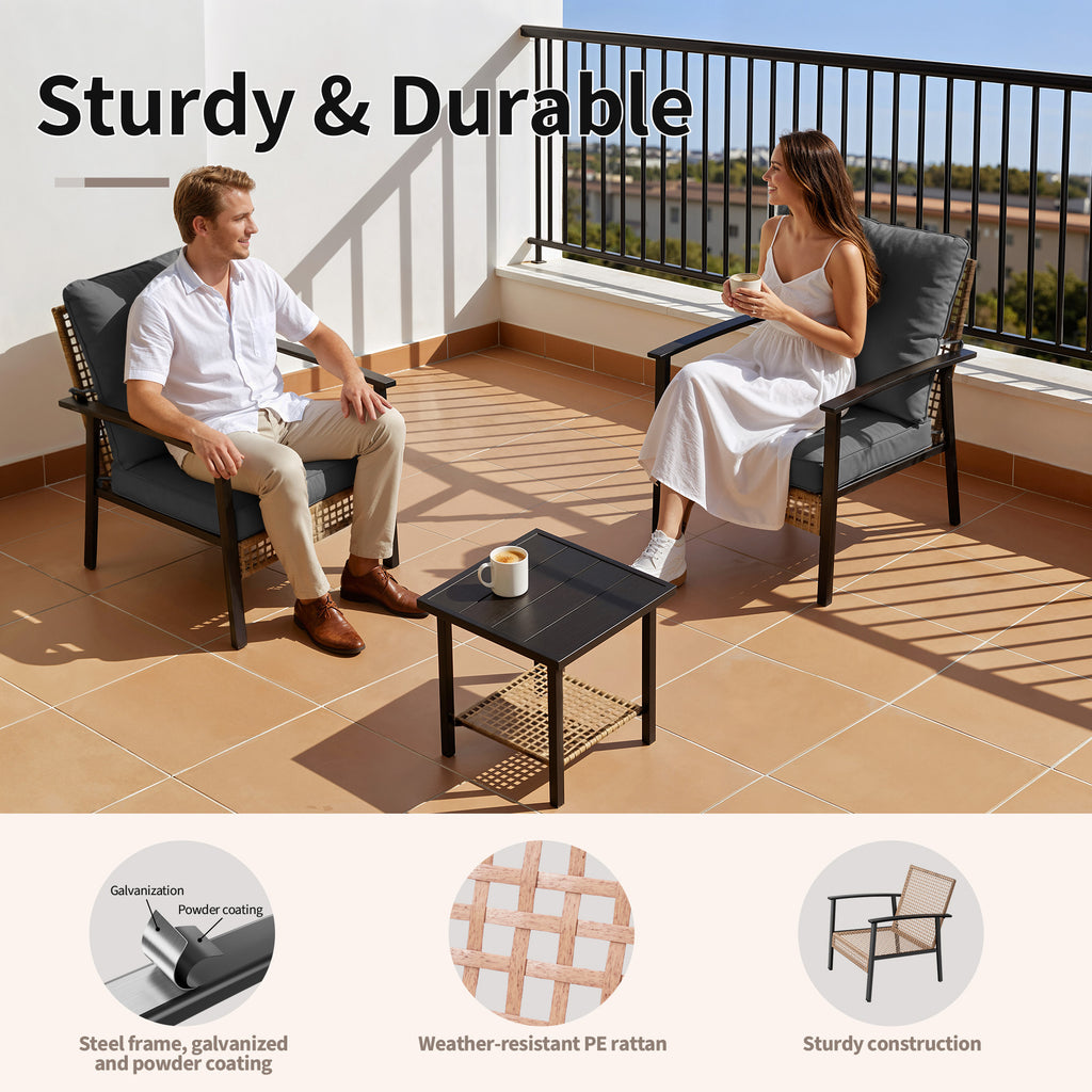 3 Piece Outdoor Patio Furniture Set, All-Weather Modern PE Wicker Rattan Bistro Set with 4" Cushions, Patio Chairs Set of 2, Easy to Assemble, Dark Grey