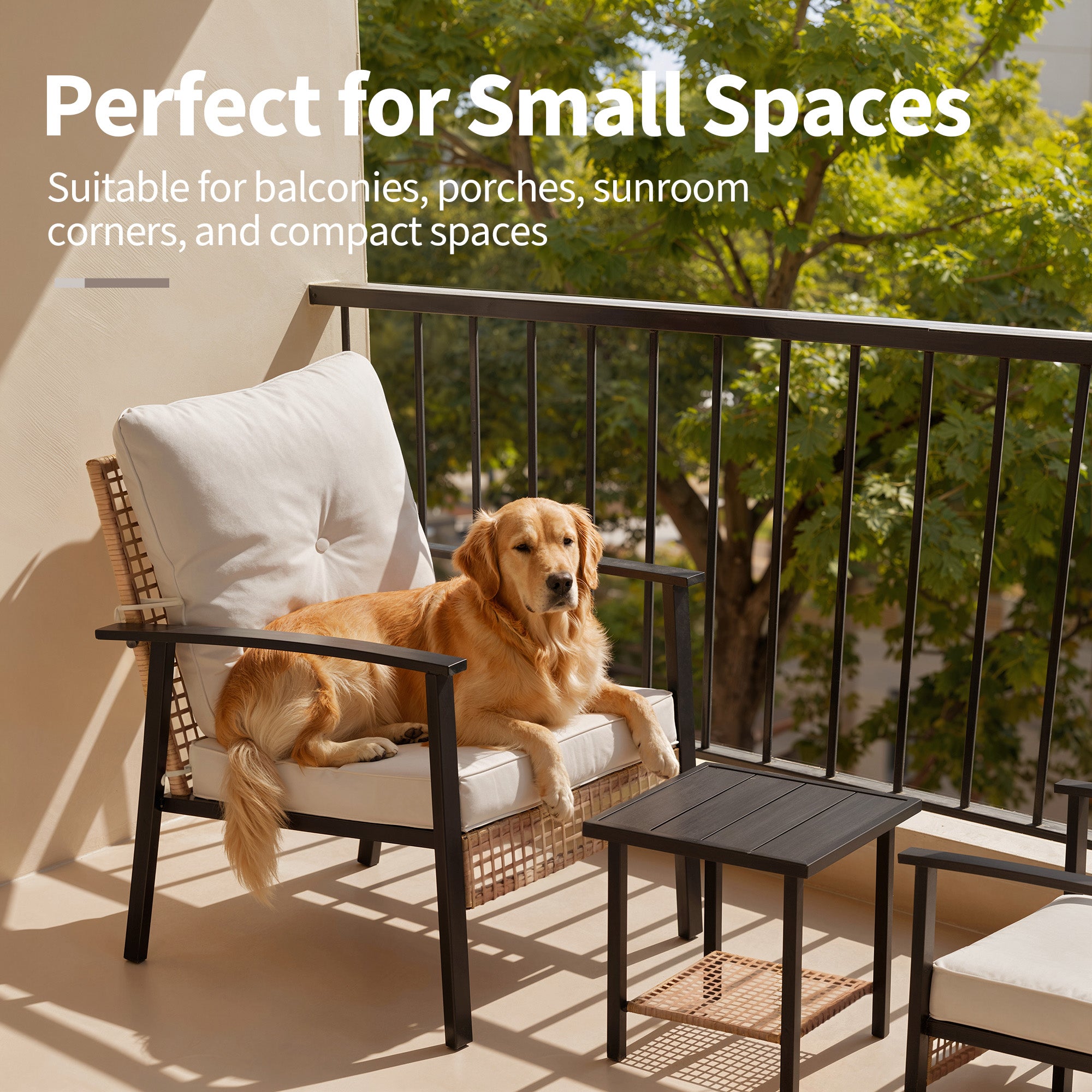 3 Piece Outdoor Patio Furniture Set, All-Weather Modern PE Wicker Rattan Bistro Set with 4" Cushions, Patio Chairs Set of 2, Easy to Assemble, Cream White