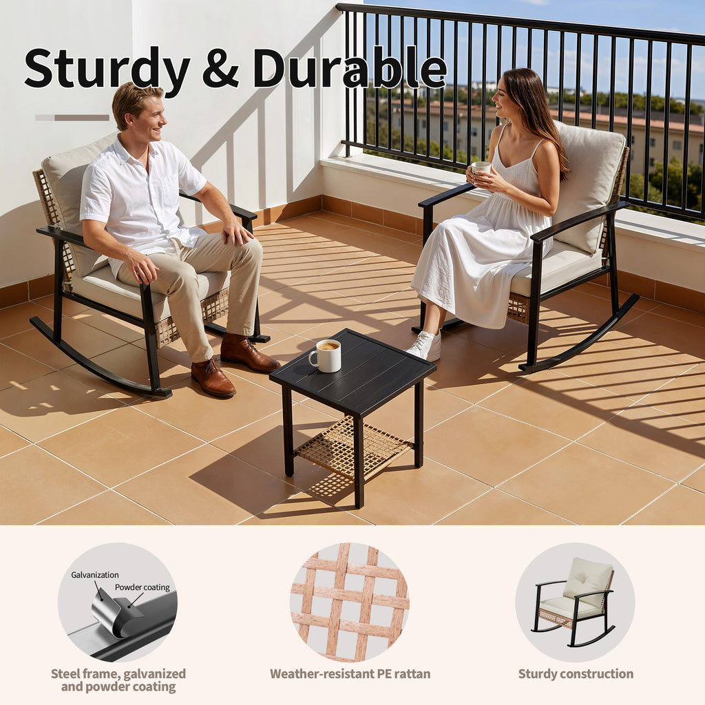 Outdoor Rocking Chairs Set of 2, All-Weather Modern Wicker Front Porch Furniture with 4" Cushions, Metal-Frame Patio Rocking Chairs for Bistro Balcony Porch Sunroom Deck and Yard, Cream White