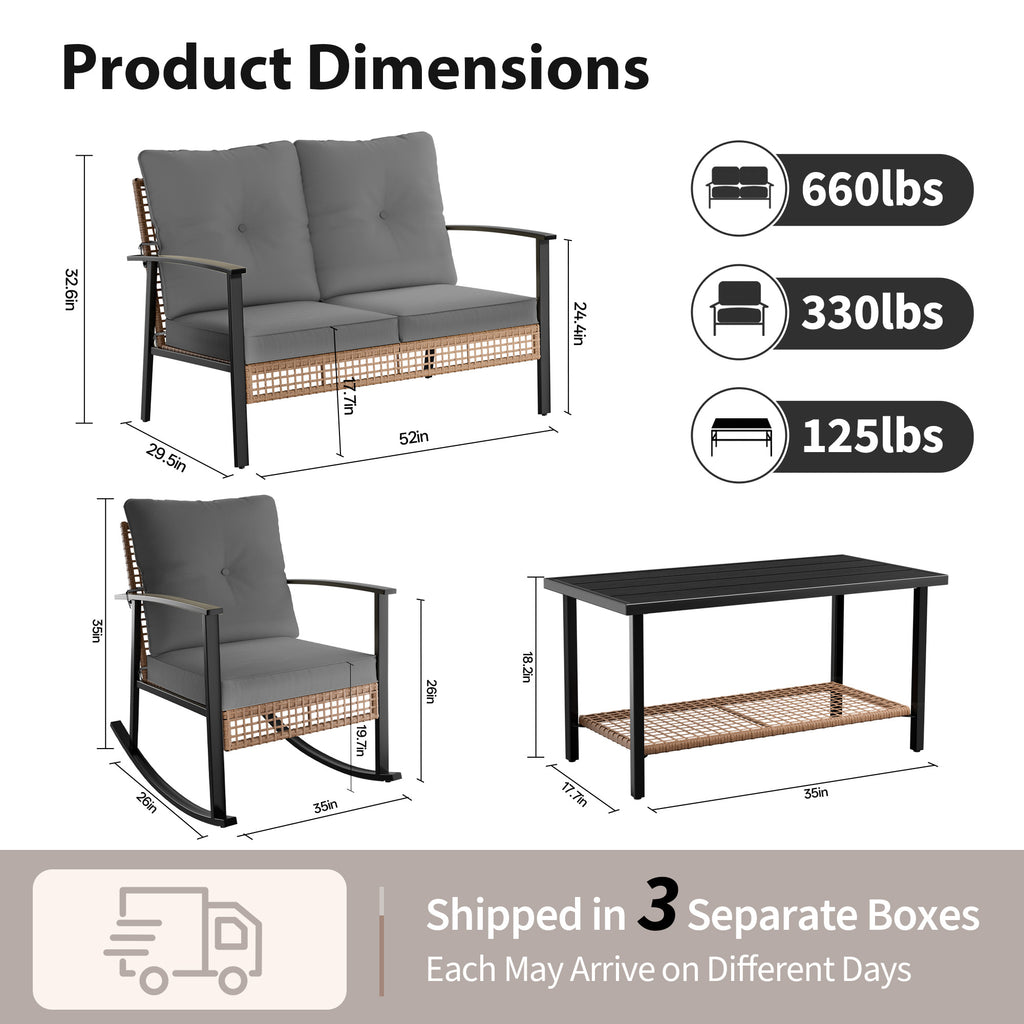4 Piece Outdoor Patio Furniture Set, All-Weather Modern PE Wicker Rattan Conversation Set with 4" Cushions for Comfortable, Easy to Assemble, Dark Grey
