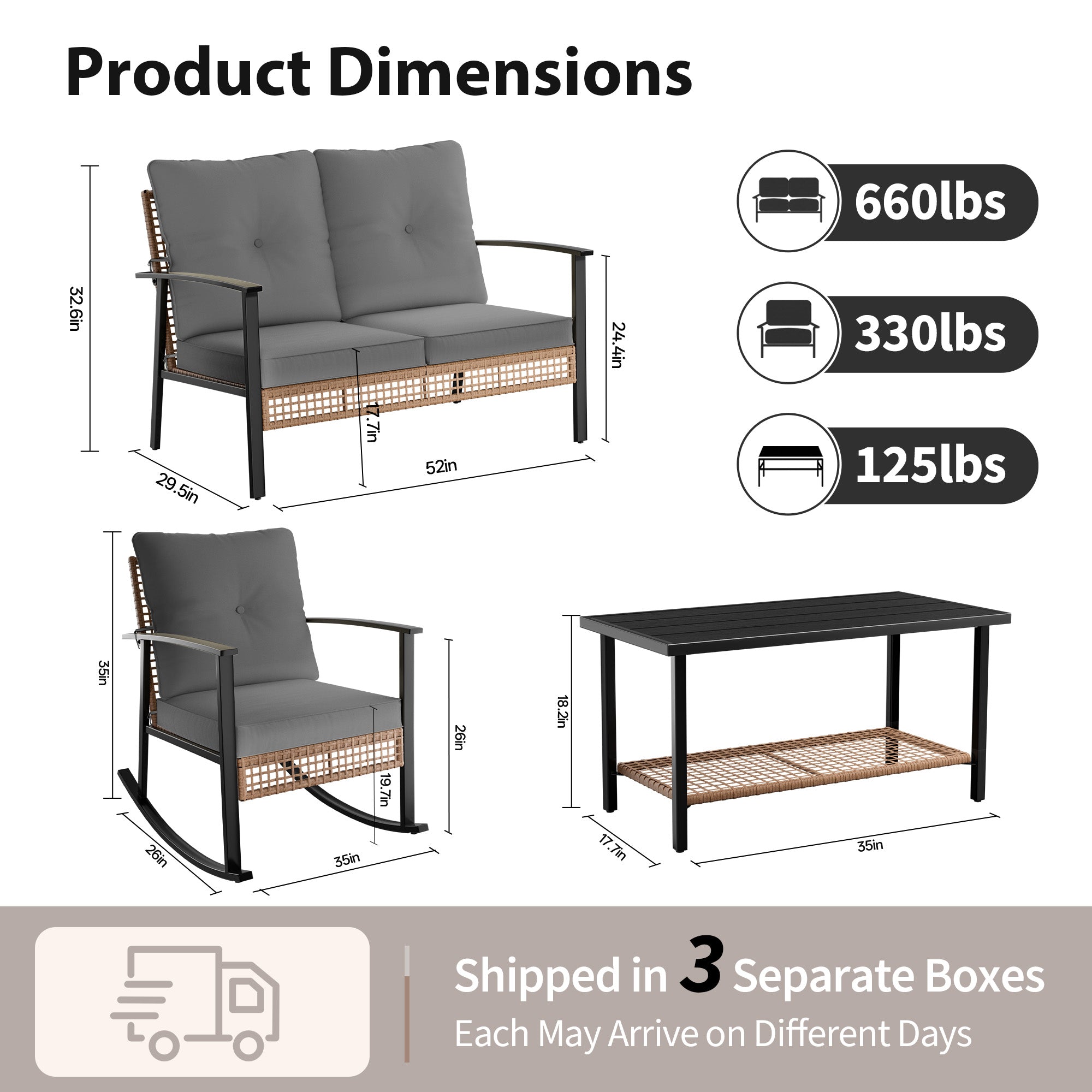 4 Piece Outdoor Patio Furniture Set, All-Weather Modern PE Wicker Rattan Conversation Set with 4" Cushions for Comfortable, Easy to Assemble, Dark Grey