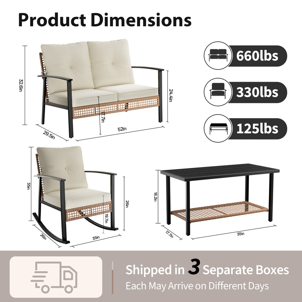 4 Piece Outdoor Patio Furniture Set, All-Weather Modern PE Wicker Rattan Conversation Set with 4" Cushions for Comfortable, Easy to Assemble, Cream White