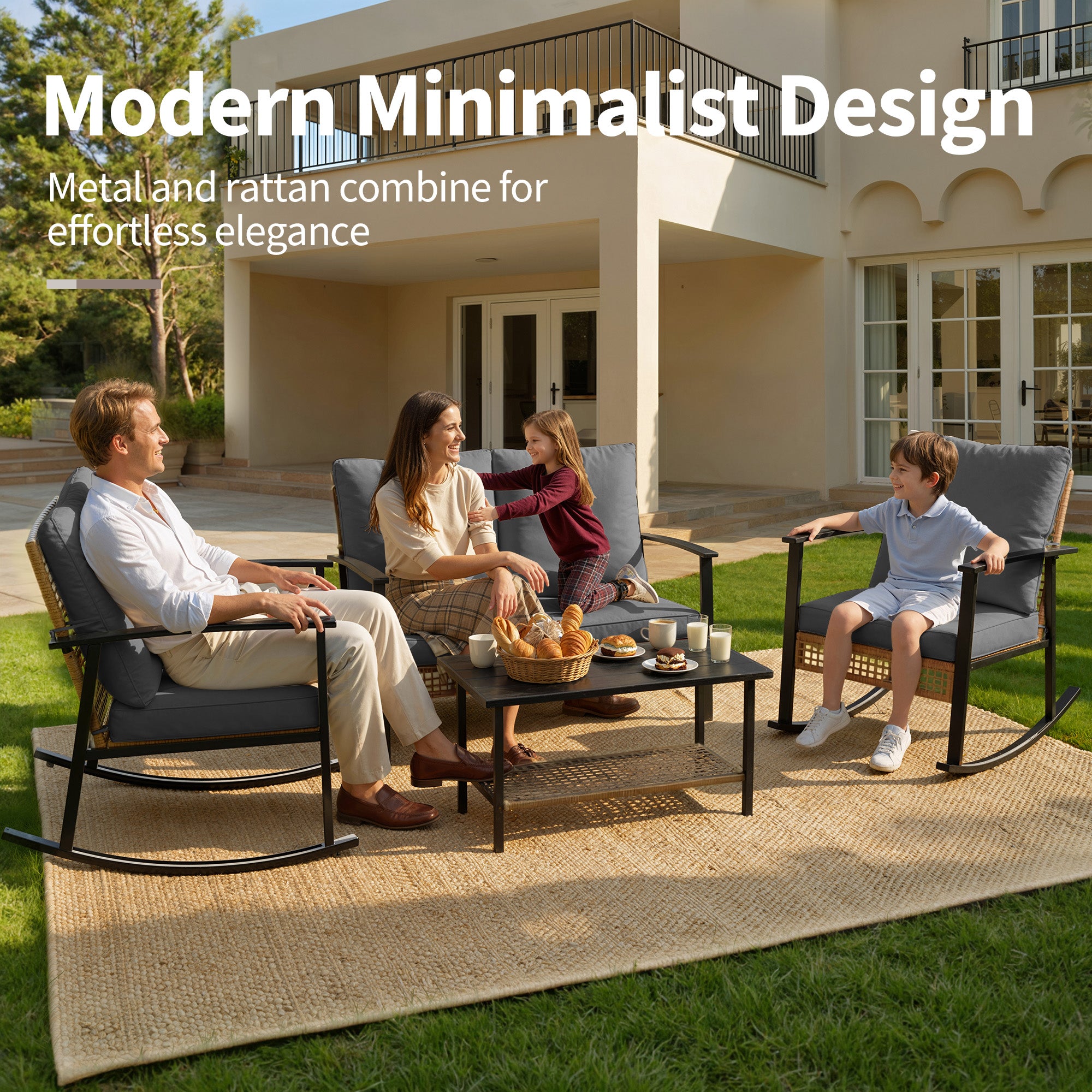 4 Piece Outdoor Patio Furniture Set, All-Weather Modern PE Wicker Rattan Conversation Set with 4" Cushions for Comfortable, Easy to Assemble, Dark Grey