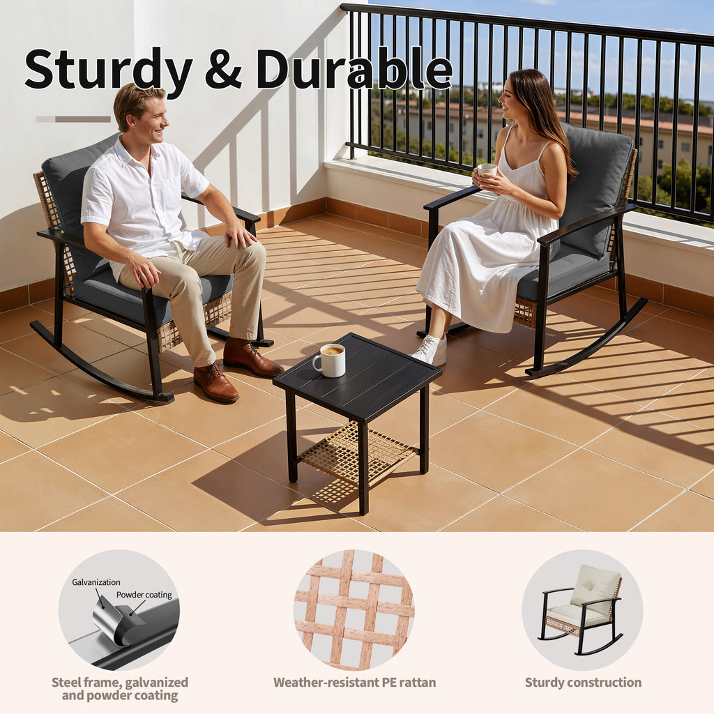Outdoor Rocking Chairs Set of 2, All-Weather Modern Wicker Front Porch Furniture with 4" Cushions, Metal-Frame Patio Rocking Chairs for Bistro Balcony Porch Sunroom Deck and Yard, Dark Grey