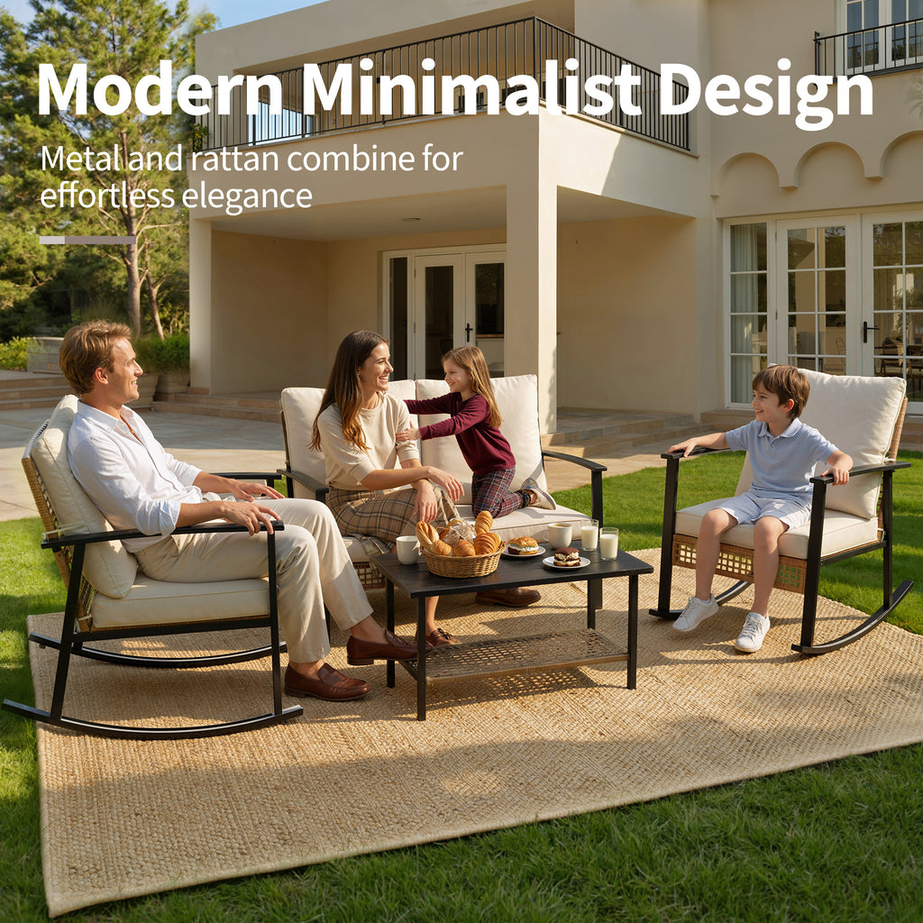 4 Piece Outdoor Patio Furniture Set, All-Weather Modern PE Wicker Rattan Conversation Set with 4" Cushions for Comfortable, Easy to Assemble, Cream White