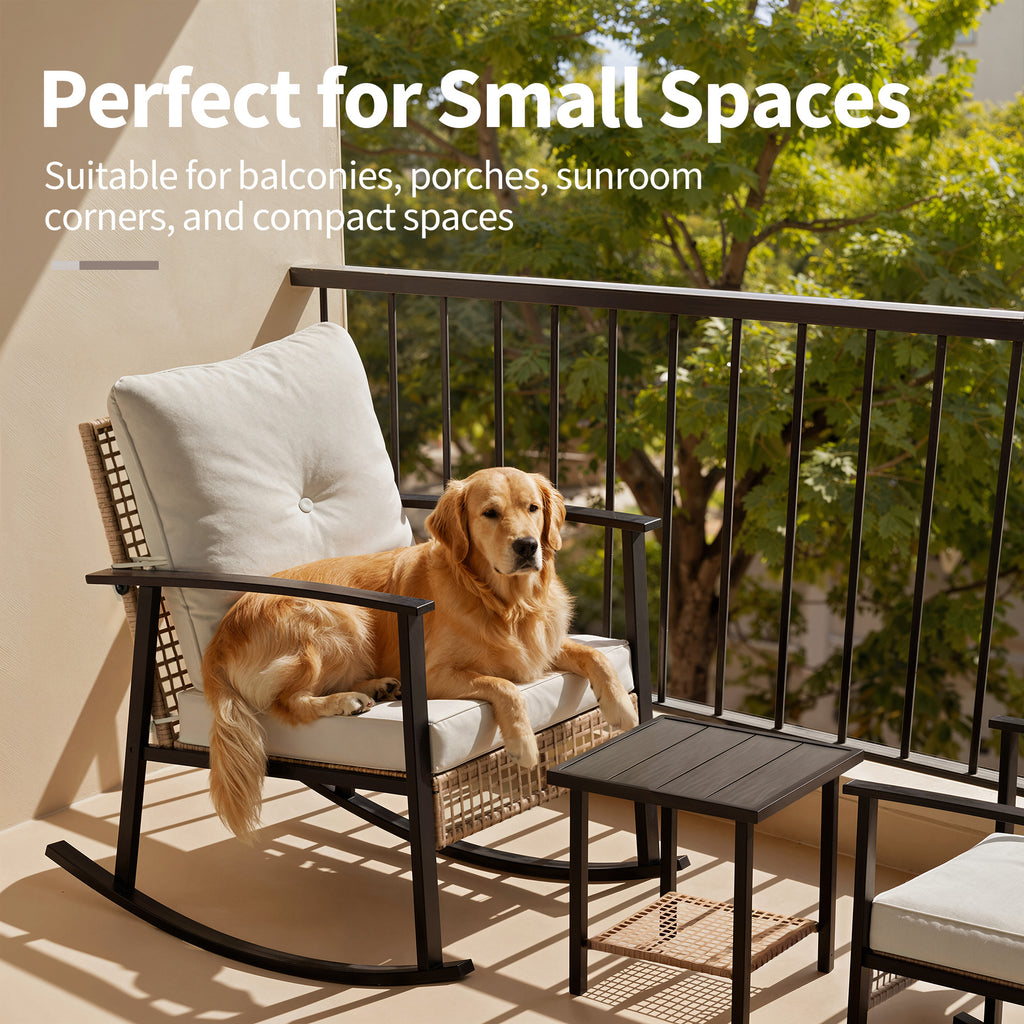 Outdoor Rocking Chairs Set of 2, All-Weather Modern Wicker Front Porch Furniture with 4" Cushions, Metal-Frame Patio Rocking Chairs for Bistro Balcony Porch Sunroom Deck and Yard, Cream White