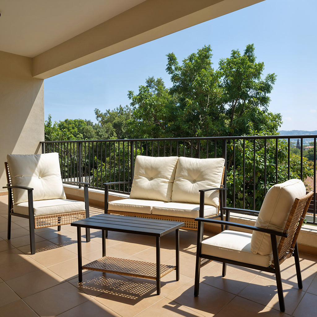 4 Piece Outdoor Patio Furniture Set, All-Weather Modern PE Wicker Rattan Conversation Set with 4" Cushions for Comfortable, Easy to Assemble, Cream White