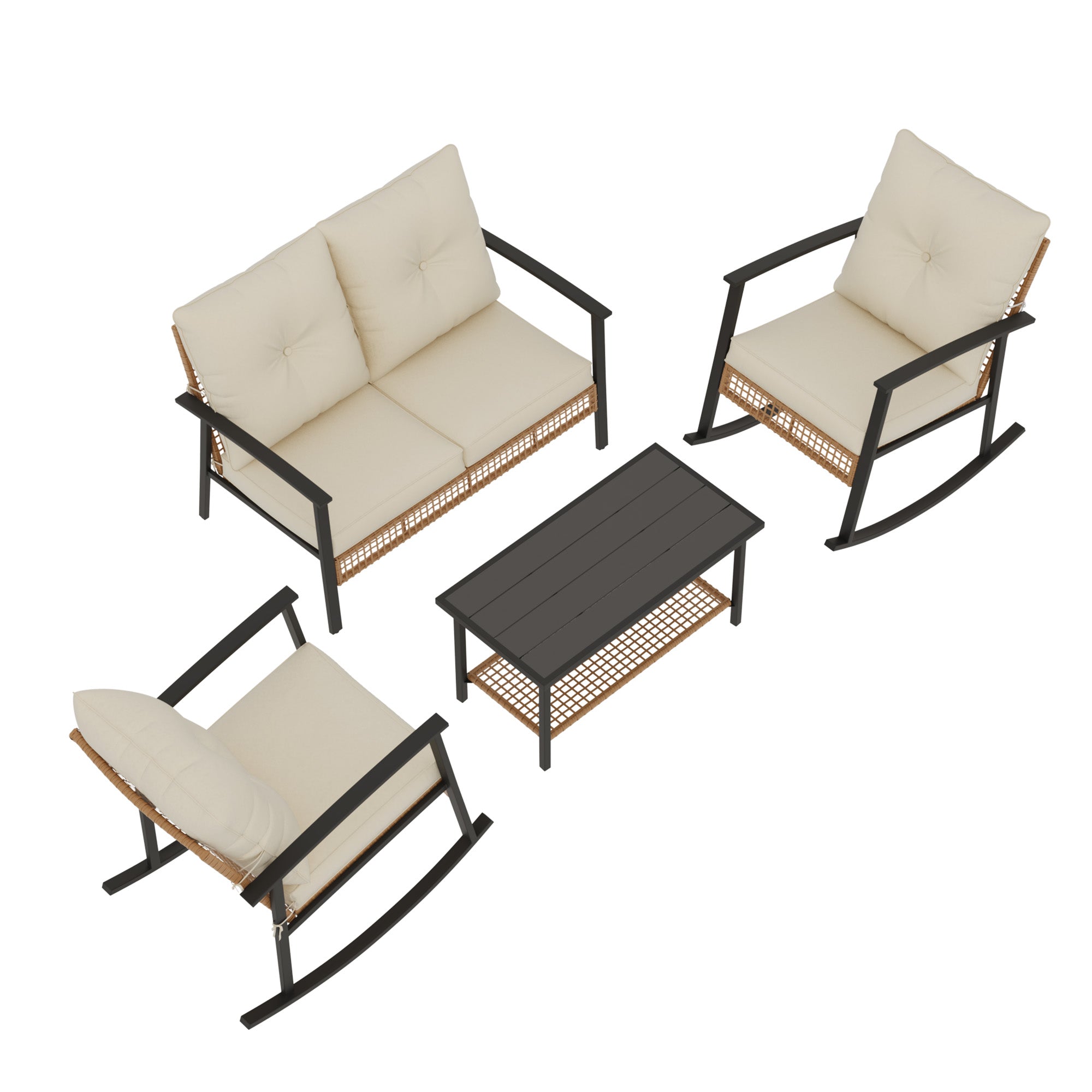 4 Piece Outdoor Patio Furniture Set, All-Weather Modern PE Wicker Rattan Conversation Set with 4" Cushions for Comfortable, Easy to Assemble, Cream White