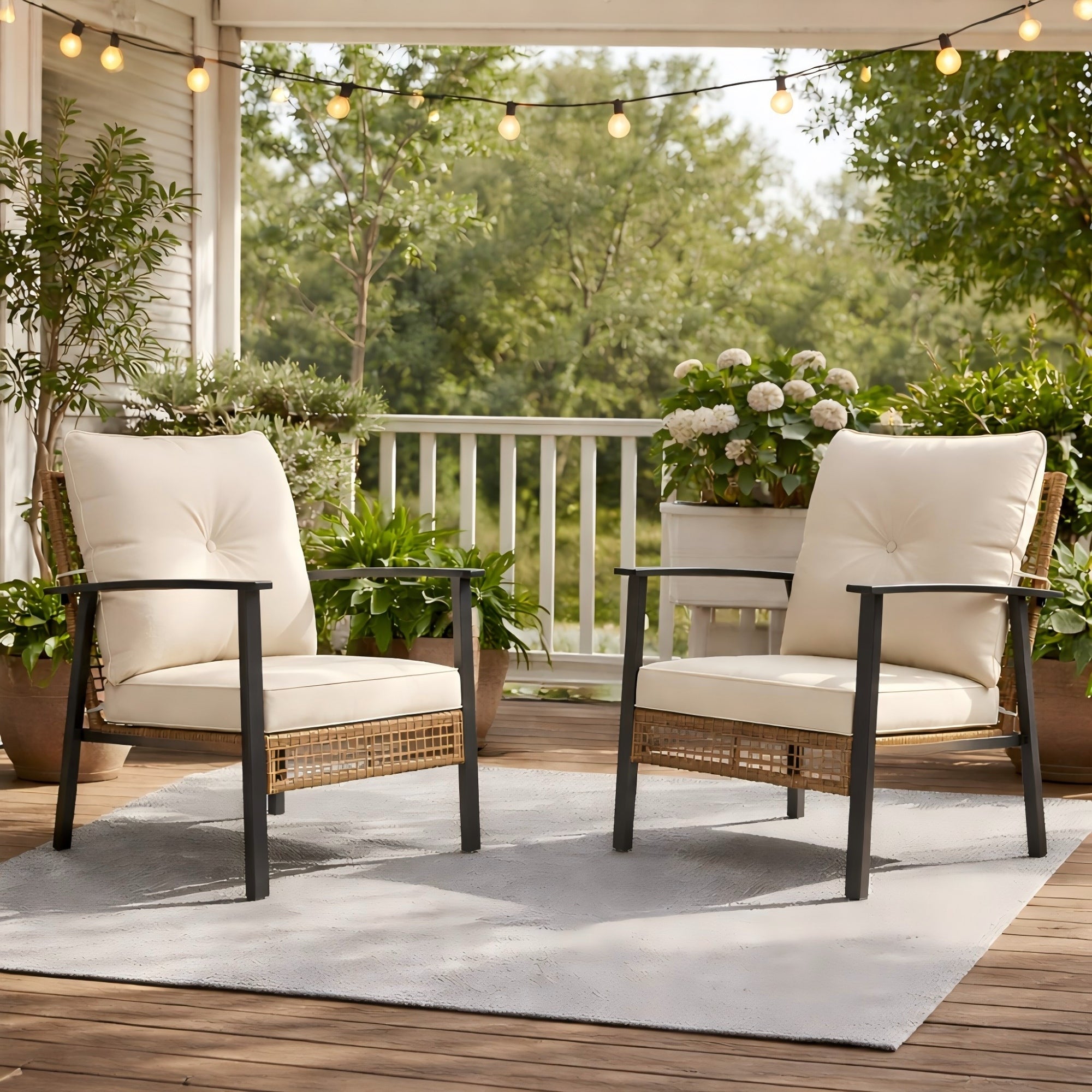 Deersky 2 Pieces Patio Furniture Set, Outdoor Metal Patio Chairs Set of 2, All-Weather PE Wicker Chairs with Cream White Cushions for Porch, Balcony and Small Spaces