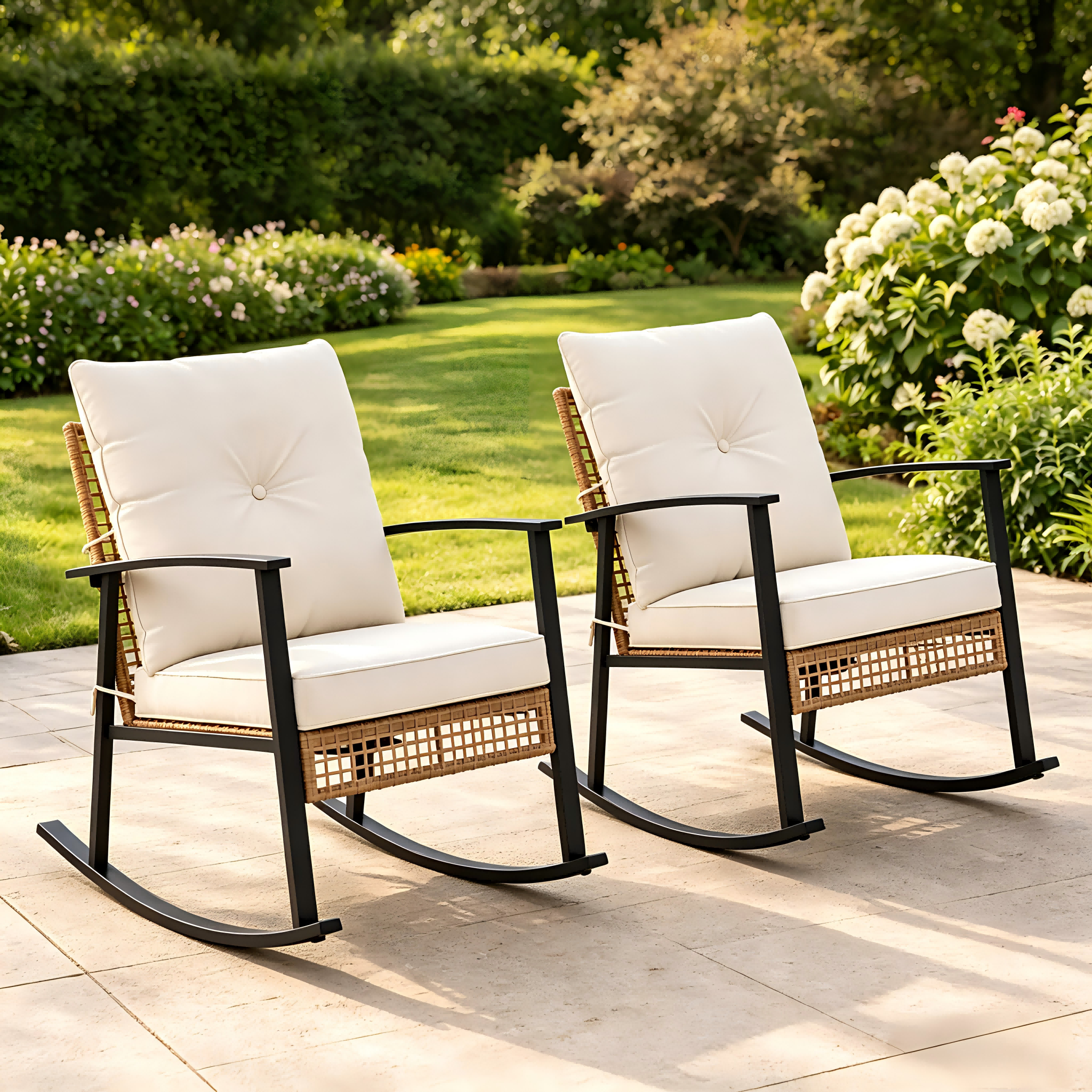 Deersky 2PCS Outdoor Rocking Chair Set, Patio Wicker Rattan Rocking Chair with Cushions,Heavy Duty Rocker for Garden, Backyard, Balcony