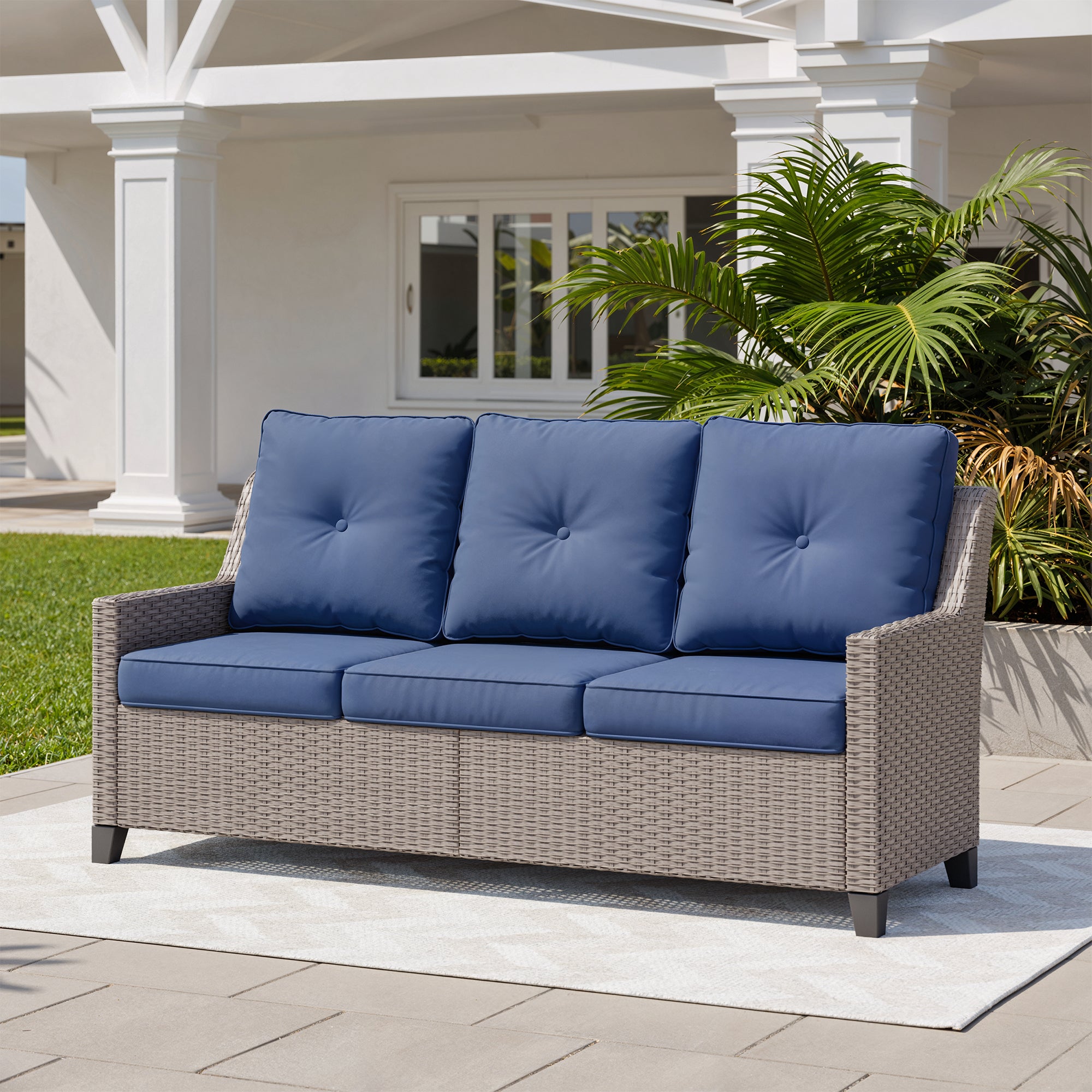 Deersky 3-Seat Patio Sofa, Outdoor Wicker Couch with Deep Seating & Soft Cushions, All-Weather PE Rattan Patio Furniture for Porch, Backyard, Balcony, Garden & Poolside